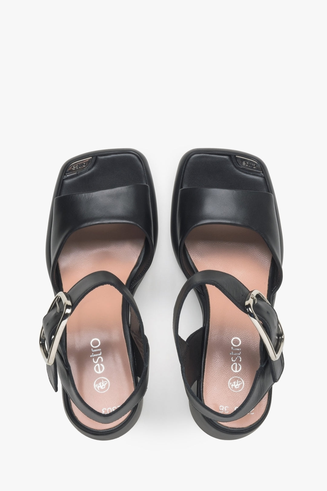 Women's black Estro sandals made of genuine leather - top view presentation of the model.