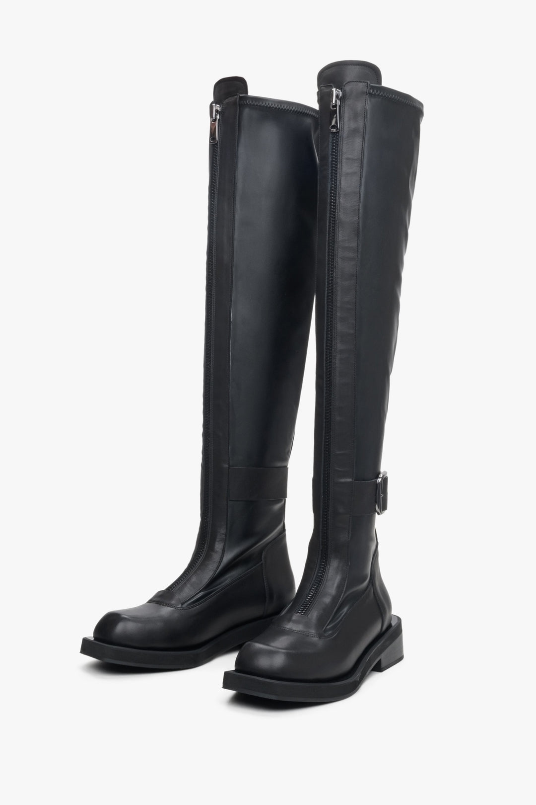 Estro women's black leather high  boots - close-up on the front of the model.