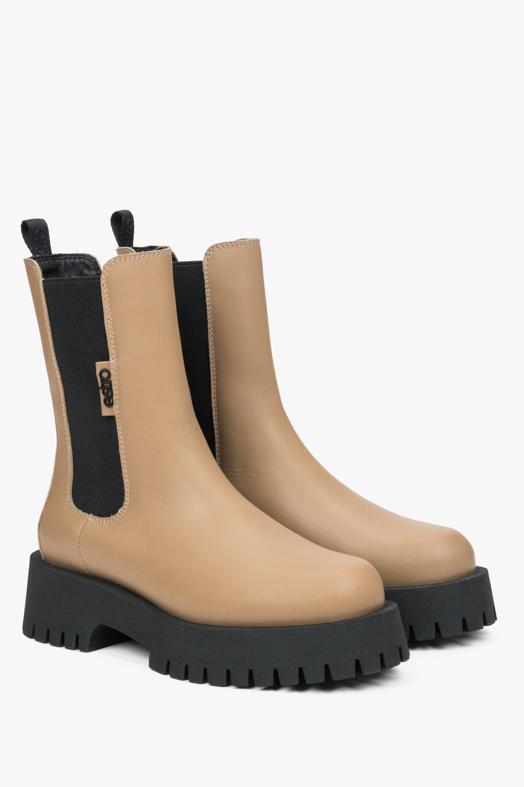 Beige leather chelsea boots for women by Estro.