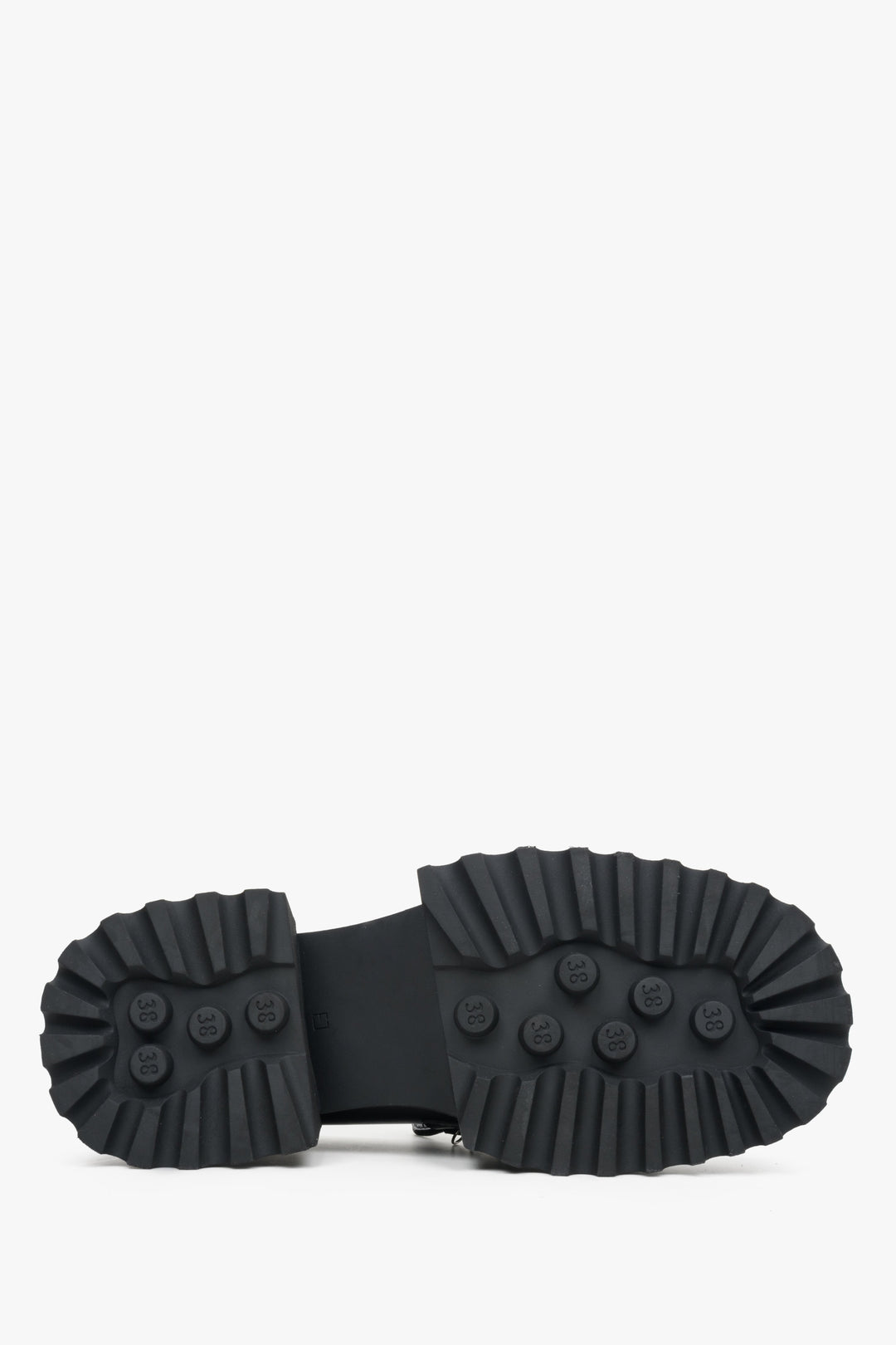 Women's black leather moccasins by Estro - close-up on the sole.