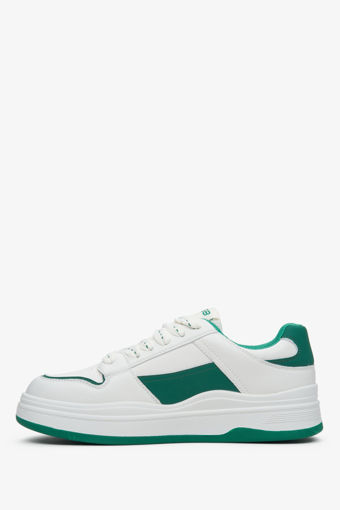 Women's white and green leather sneakers ES8 - presentation of a shoe toe and sideline.