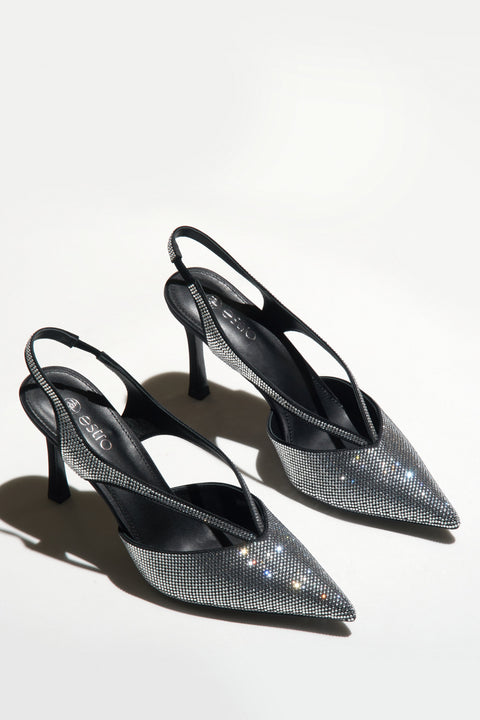Glamorous women's slide sandals in black with embellishment.