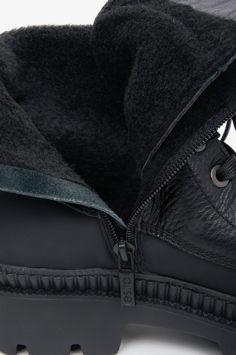 Women's black leather ankle boots by Estro - close-up of the inside of the boot.