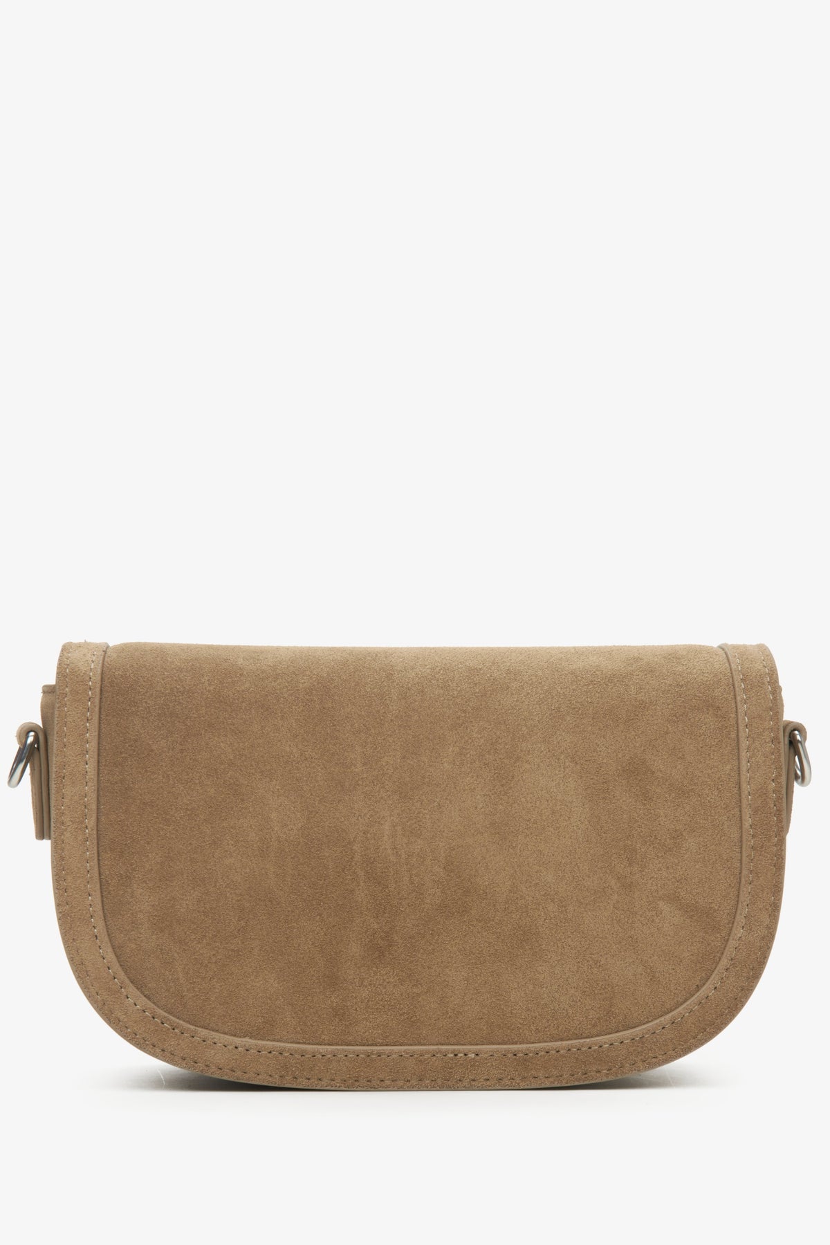Black velour bag - horseshoe shape, rear view of the model.