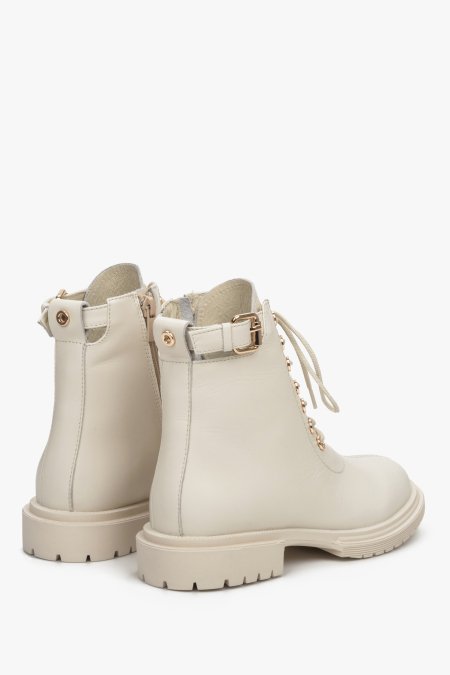 Beige leather women's ankle boots with laces by Estro - rear view.