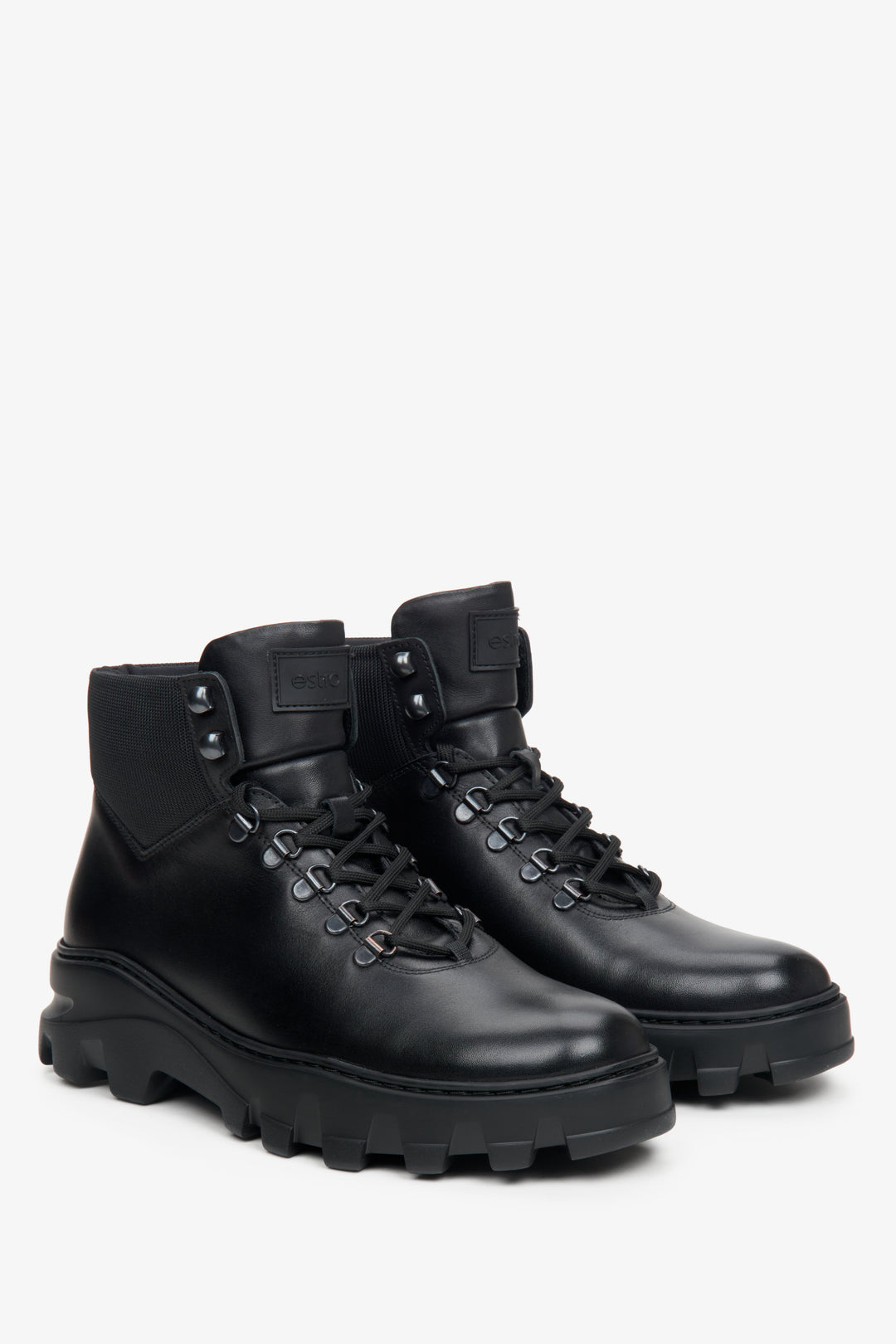 High-top men's black leather boots.