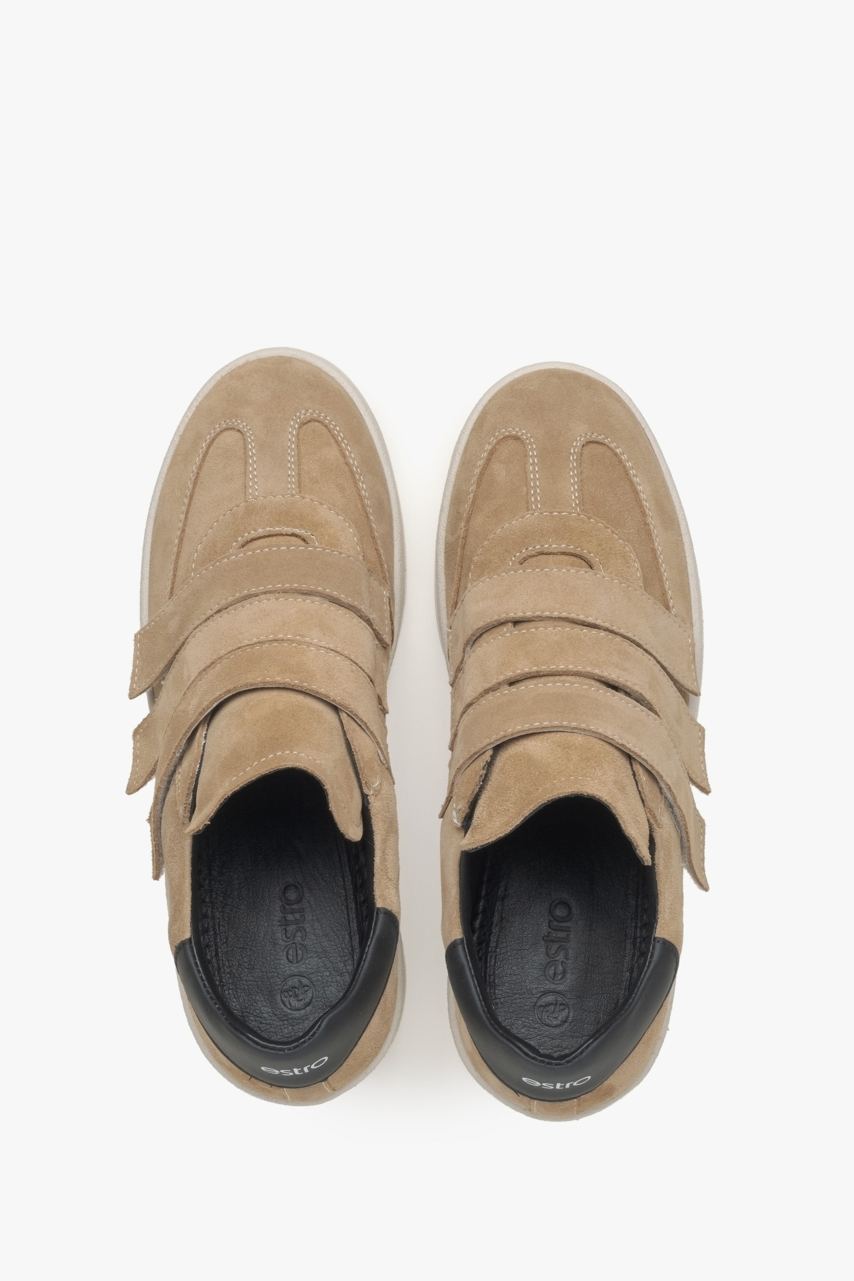 Women's Light Brown Velour Sneakers with Velcro Estro - Top View.