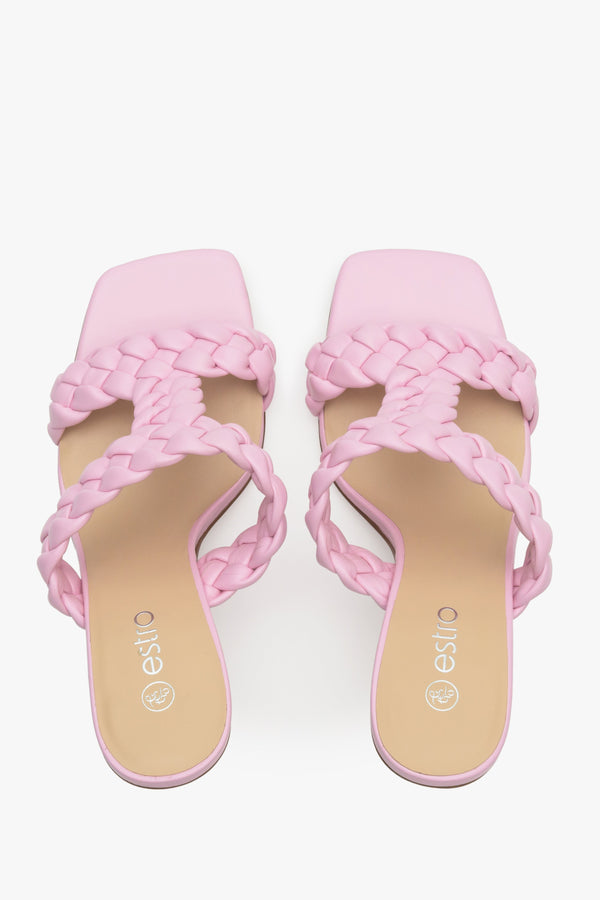 Pink heeled mules with embroided straps made of genuine leather, Estro brand.