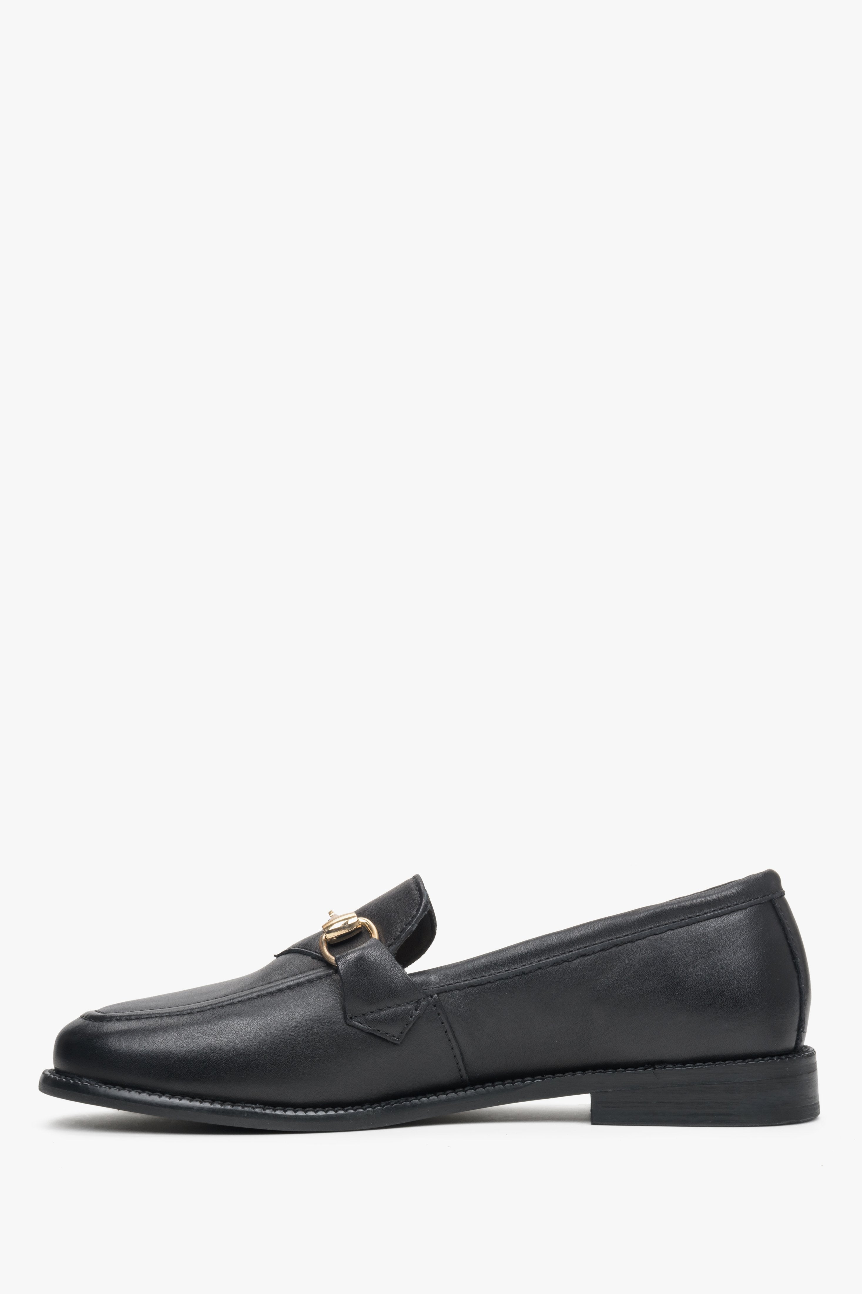 Women's Black Italian Leather Loafers with Gold Buckle Estro ER00113360 - shoe side.