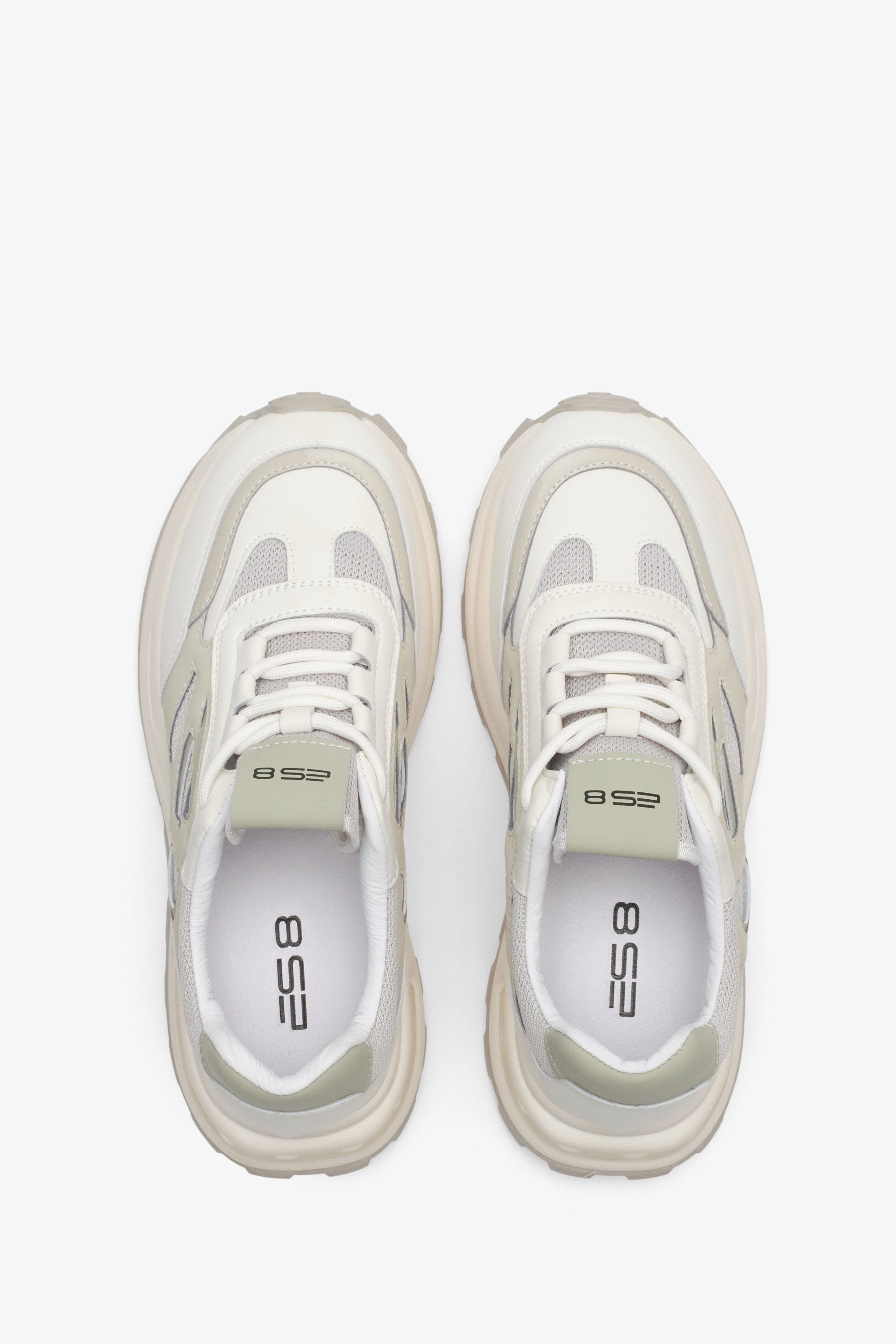 ES8 women's sneakers in light beige colour made of mixed materials - top view presentation of the model.