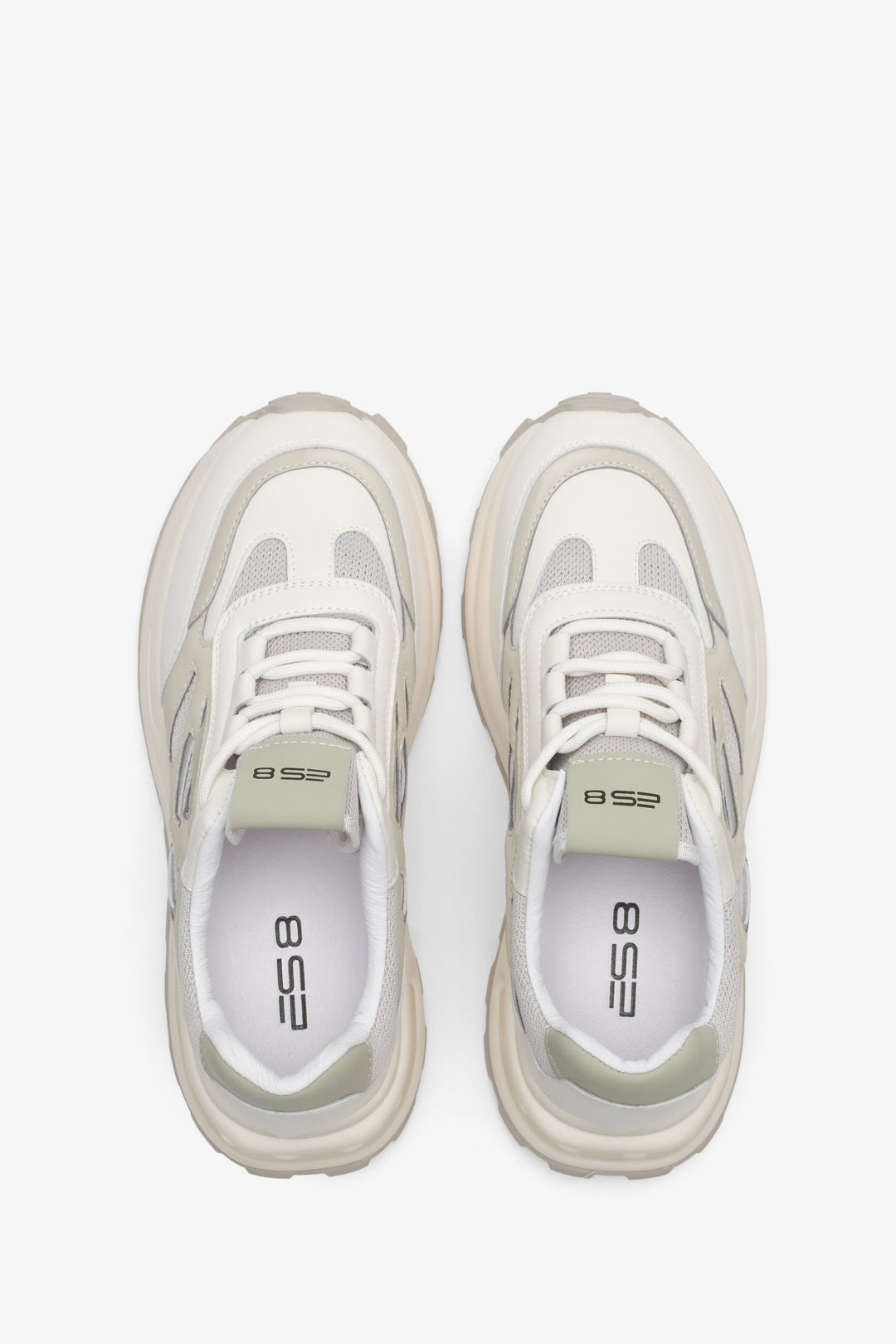 ES8 women's sneakers in light beige colour made of mixed materials - top view presentation of the model.