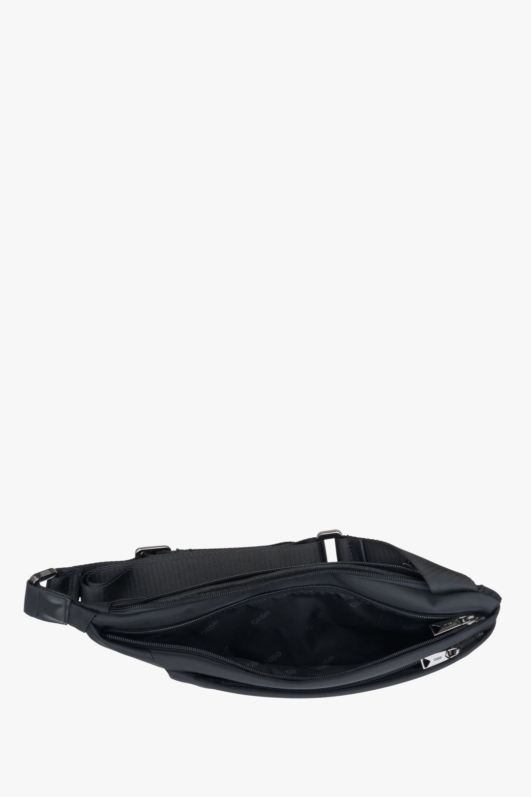 Men's stylish black waist bag with adjustable strap by Estro - close-up on the interior.