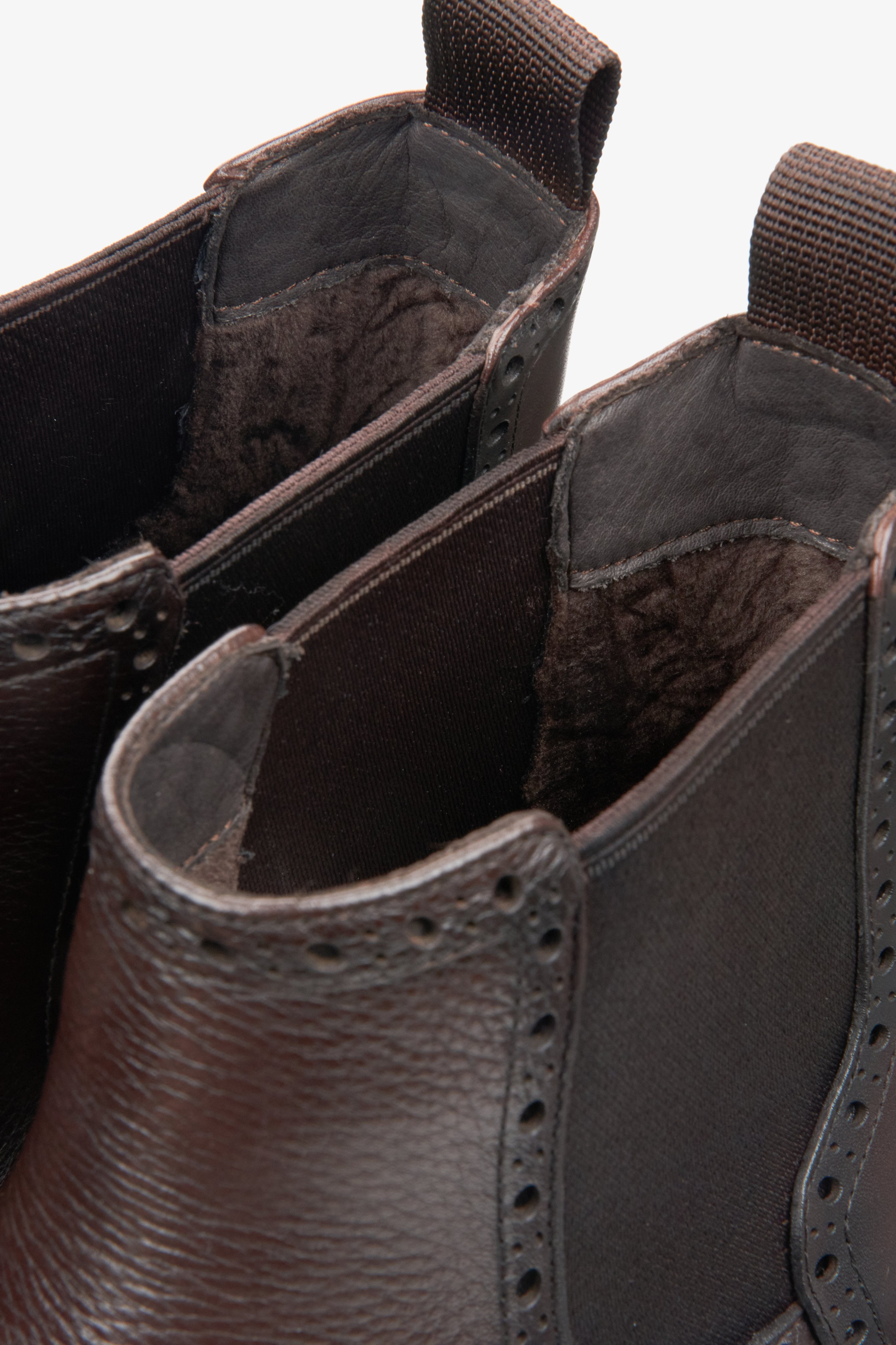 Men's leather Chelsea boots Estro dark brown with folk-style perforation - close-up of the upper shaft.