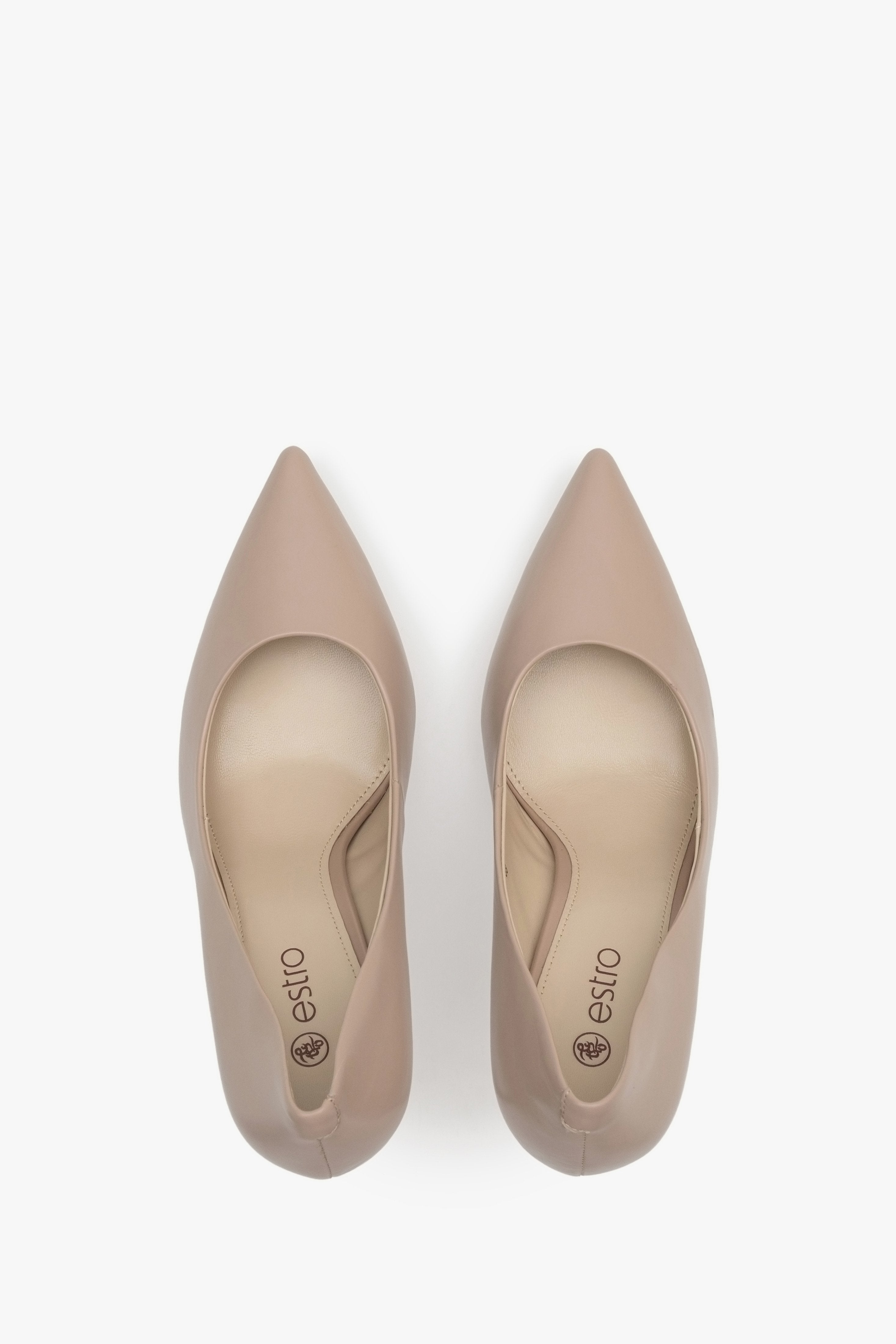 Women's beige high-heeled stilettos made of genuine leather by Estro - view from above.