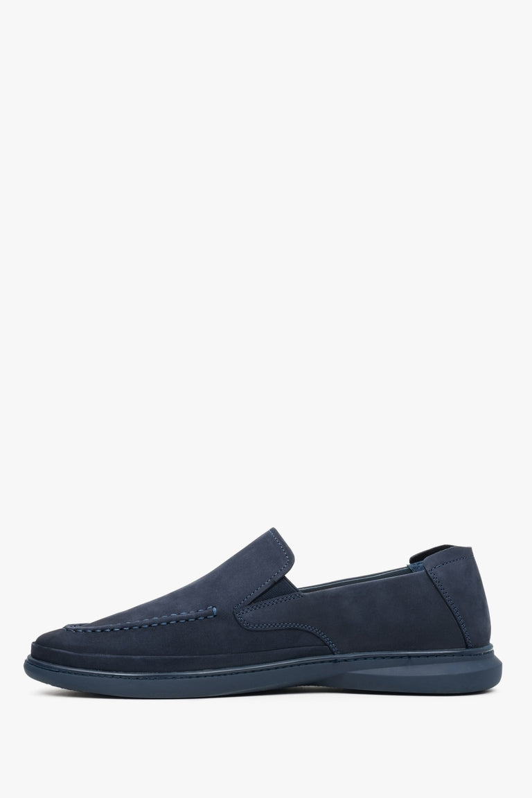 Soft men's navy blue nubuck moccasins by Estro - close-up on the shoe's profile.