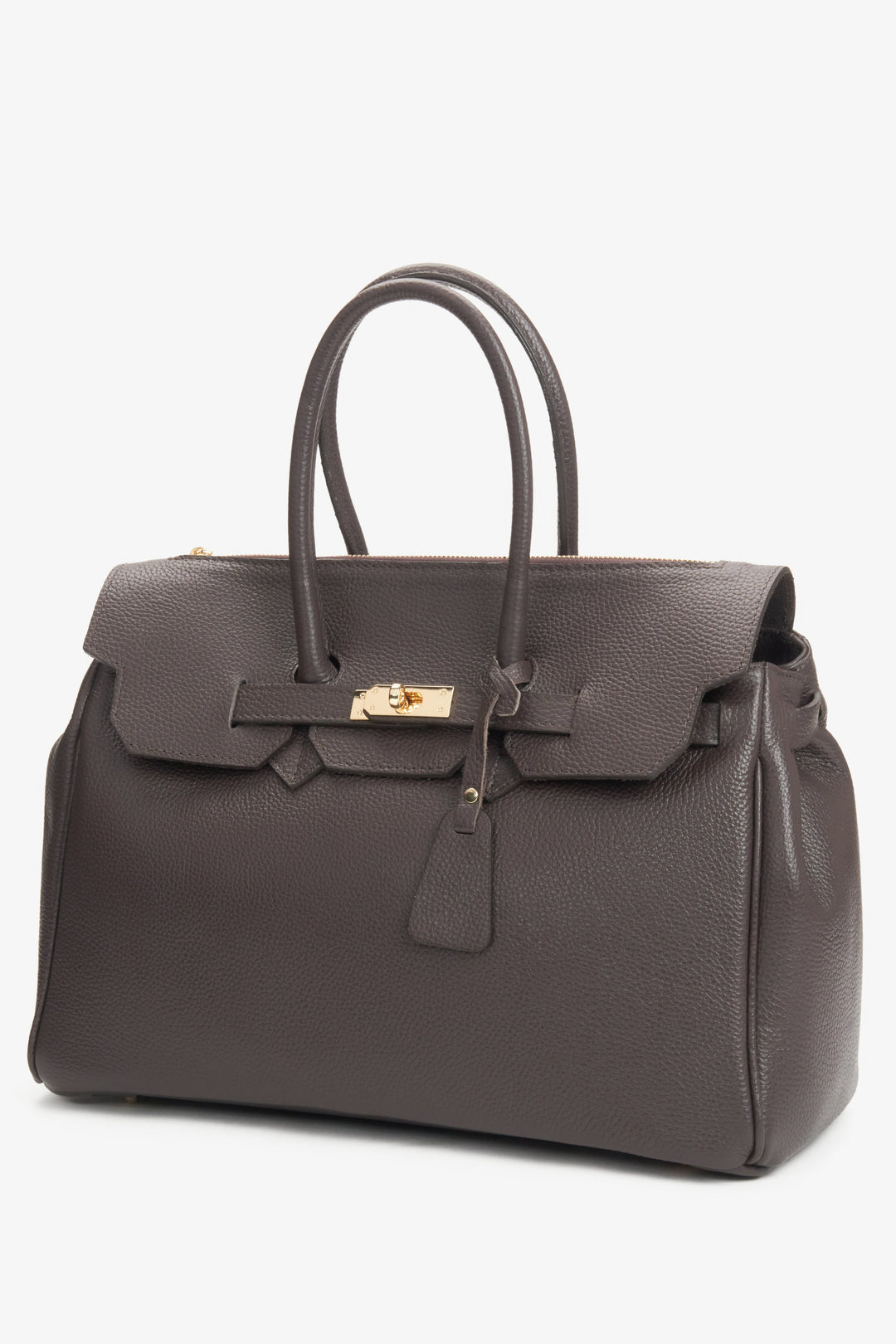 Women's satchel handbag in a delicate dark brown shade, made of genuine Italian leather, known for its exceptional quality.