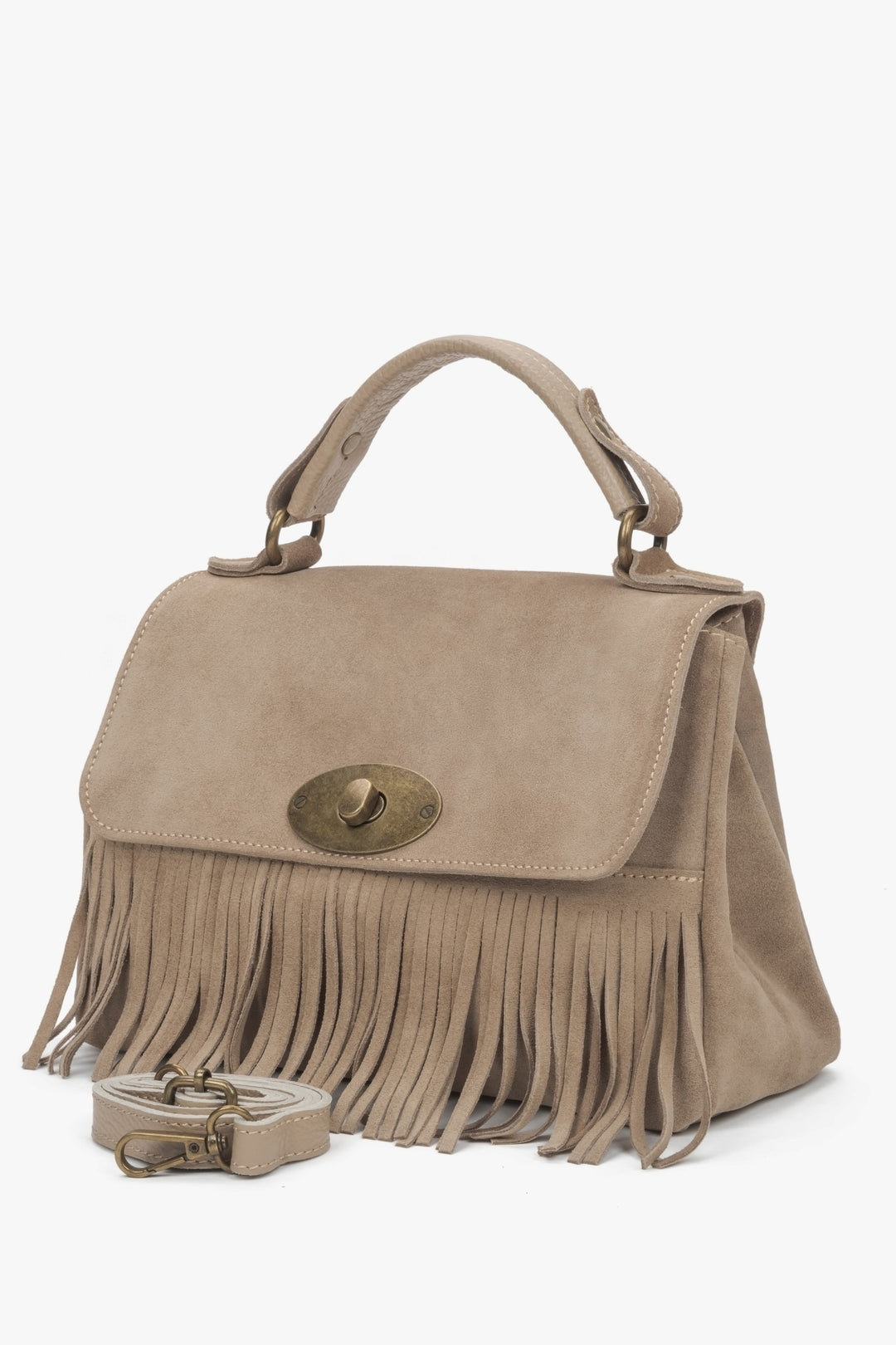 Small women's handbag made of genuine velour with fringes, brown – estro.