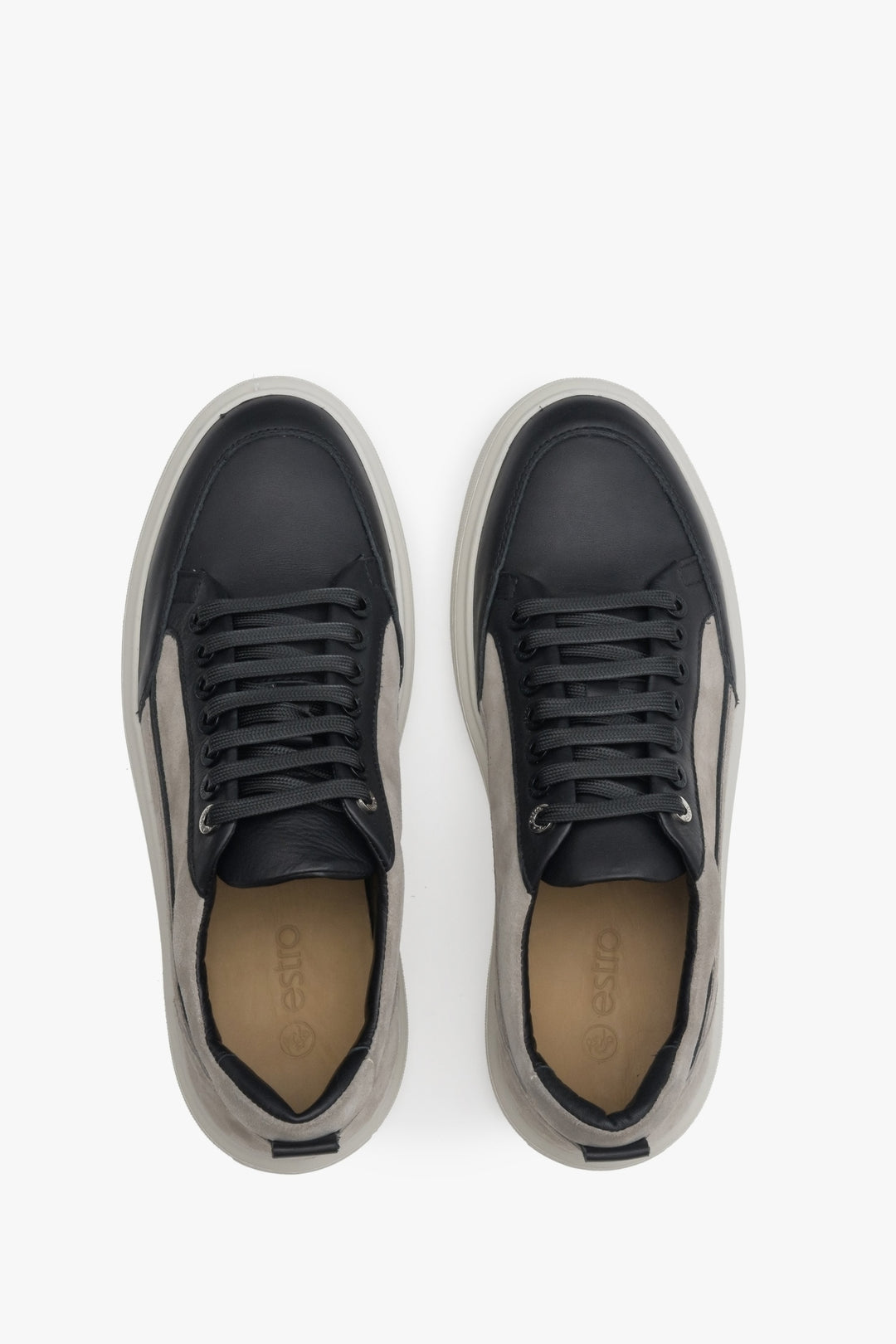 Men's velour sneakers with lacing in grey and black - presentation of the model from above.