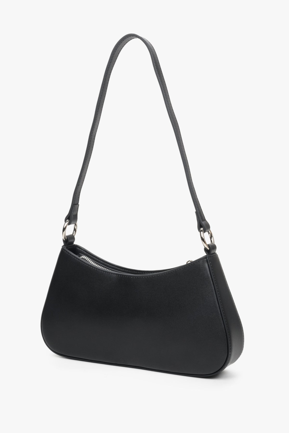 Leather, small shoulder bag in black by Estro - reverse side.