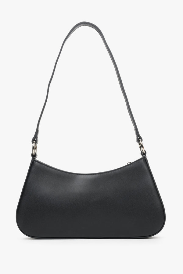 Small, black leather baguette bag by Estro.