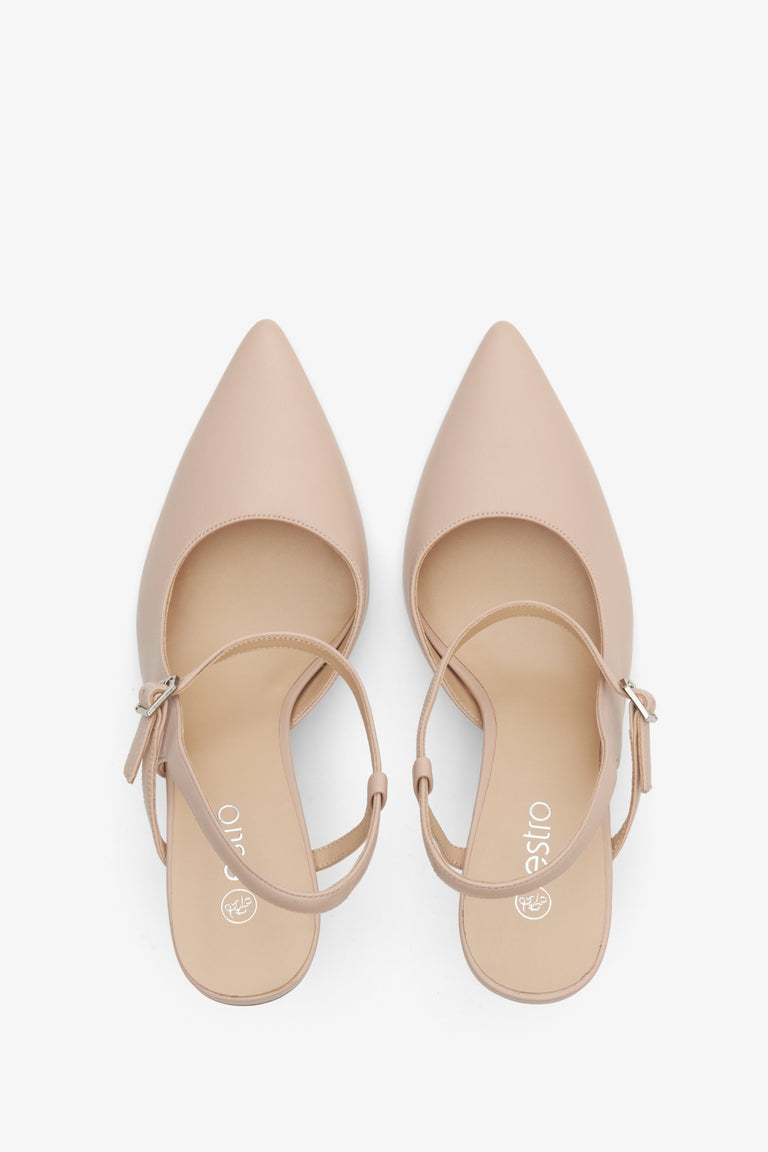 Women's beige leather slingback shoes with a pointed toe on a high heel - presentation form above.