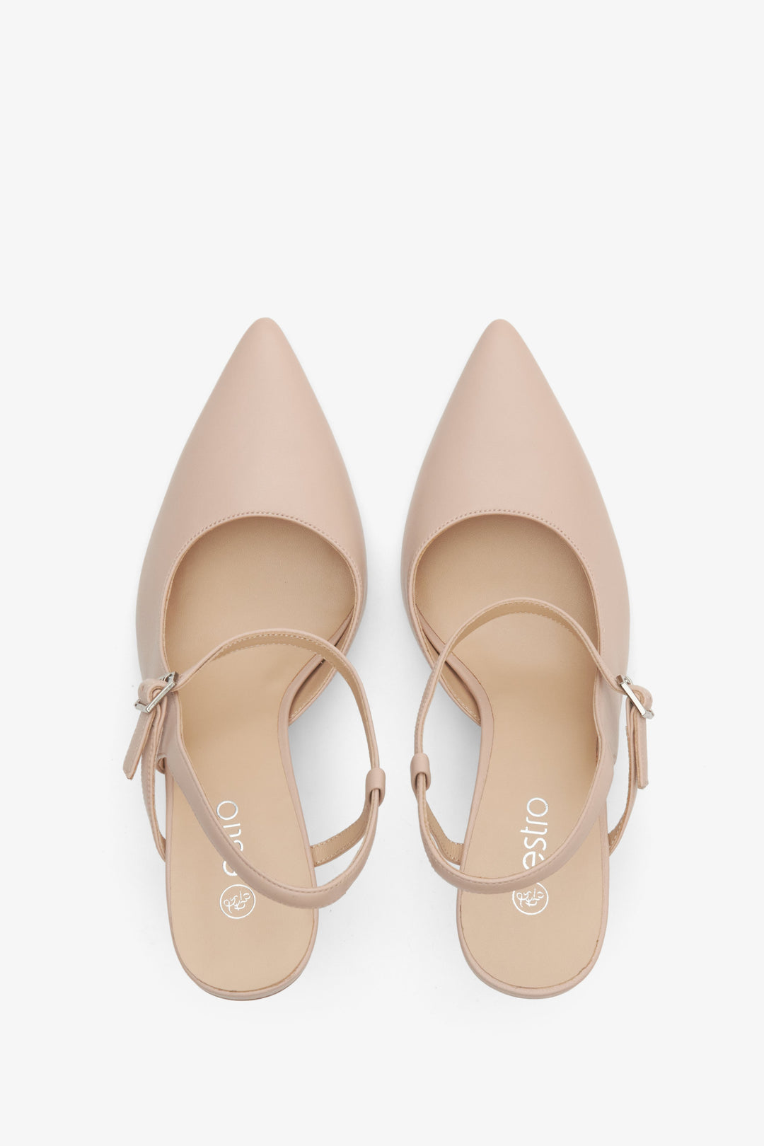Women's beige leather slingback shoes with a pointed toe on a high heel - presentation form above.