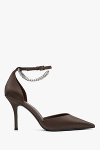 Women's Dark Brown Pointed Toe Pumps with Crystals made of Textured Leather Estro ER00116975.