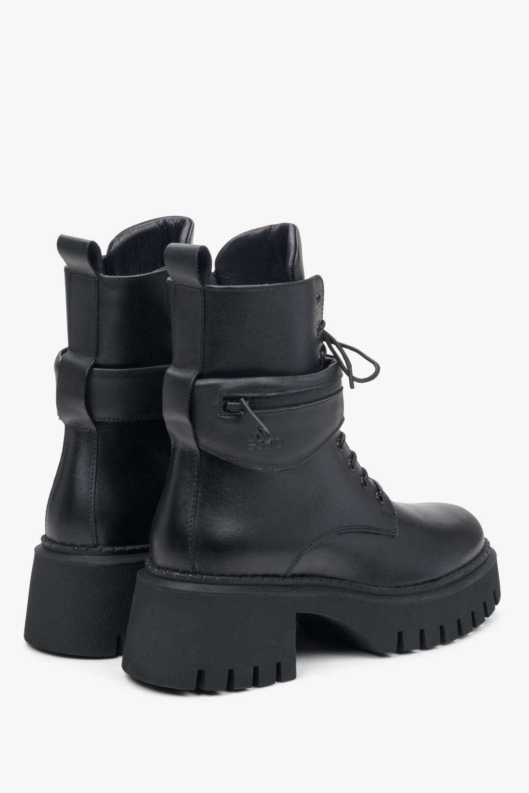 Women's black leather winter boots - close-up on the side and back of the shaft.