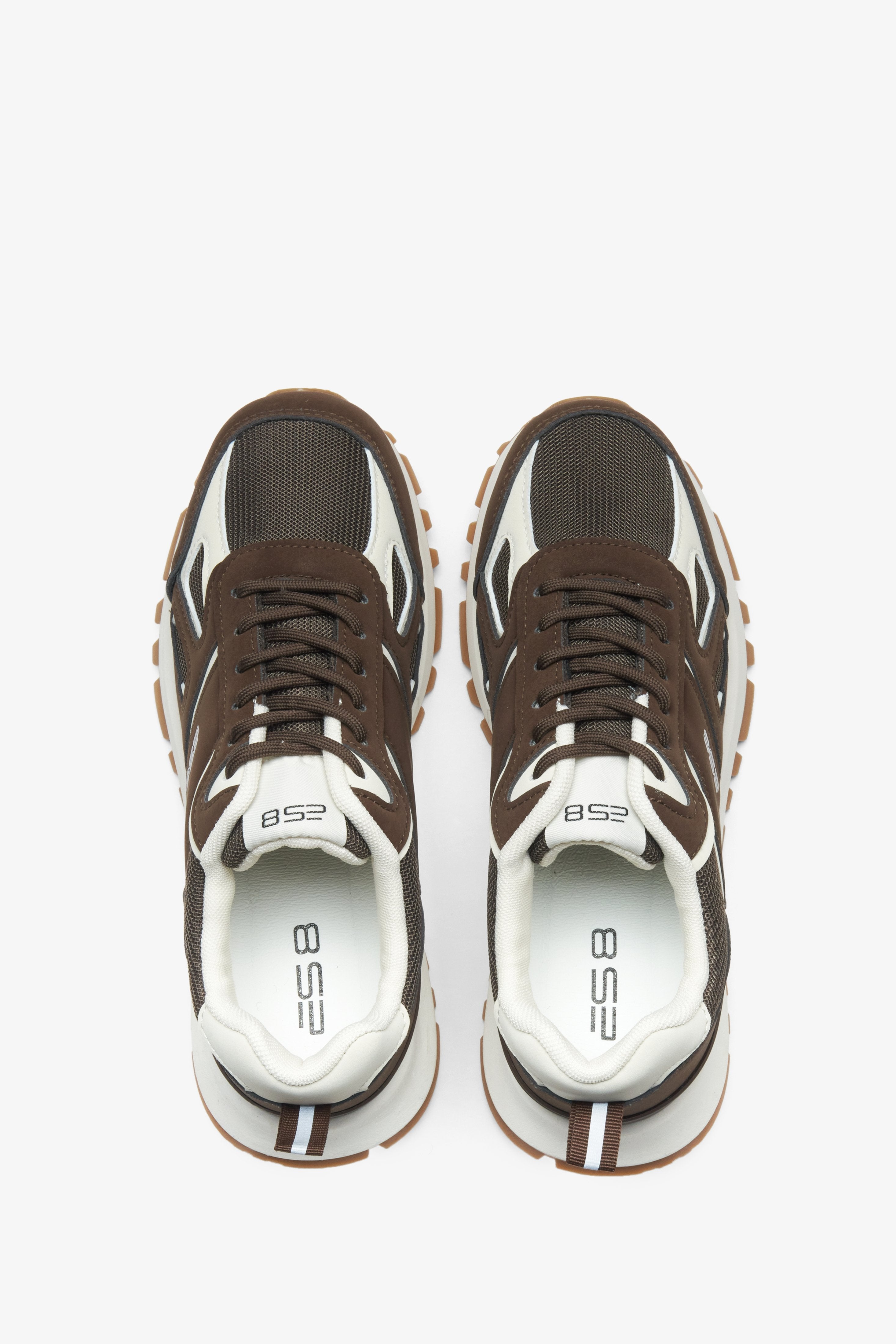 Stylish brown women's sneakers made of eco-leather and soft textiles, ES8 – top view presentation.