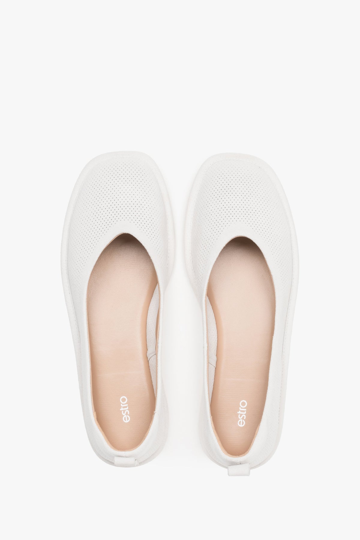 Soft women's ballet flats made of perforated genuine velour in a white shade by Estro – top view presentation.