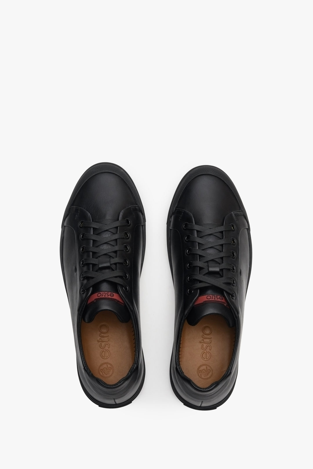 Men's black leather  sneakers by Estro for spring and autumn - top view presentation of the footwear