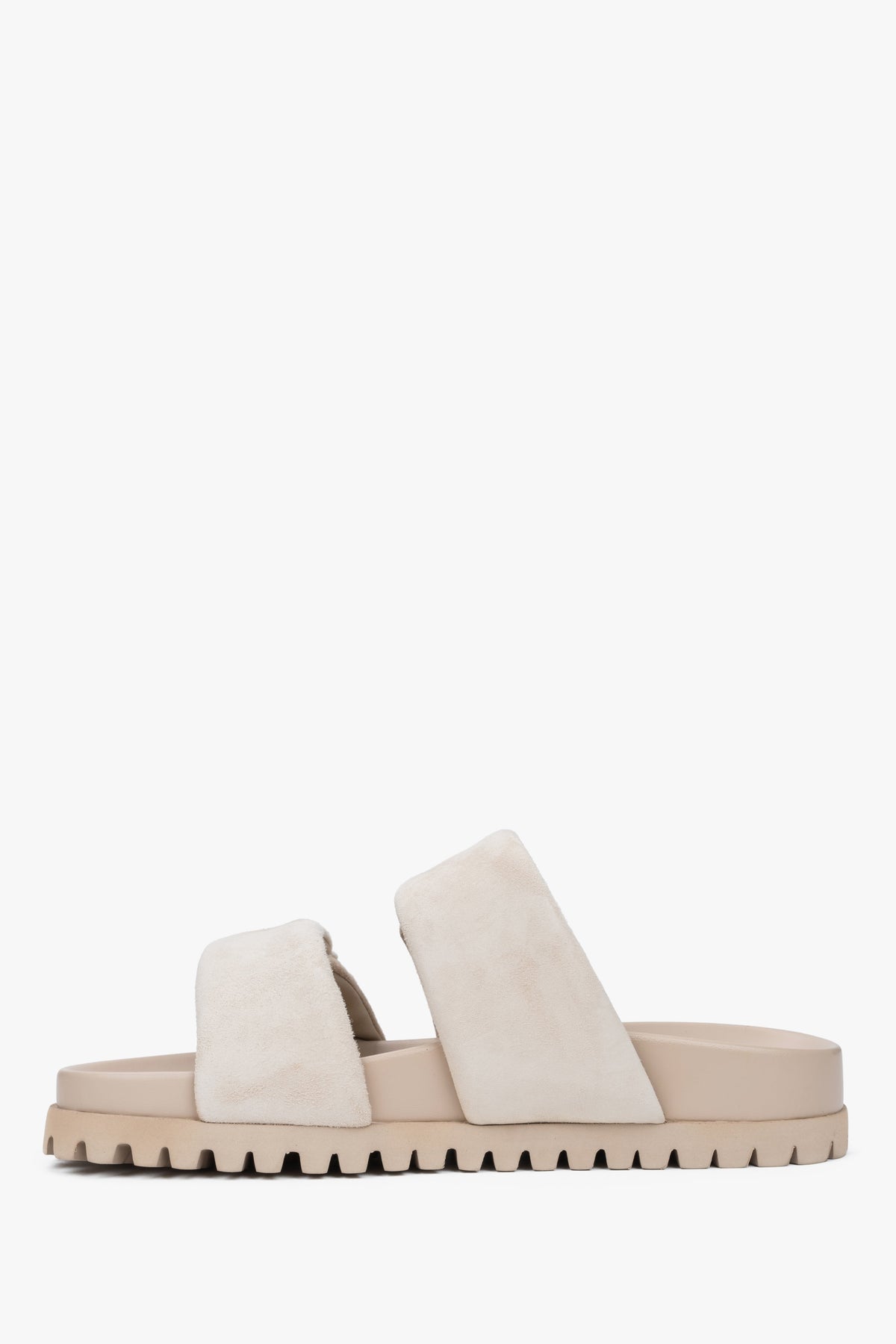 Stylish women's light beige slides by Estro, crafted from high-quality genuine velour and featuring soft, delicate straps.