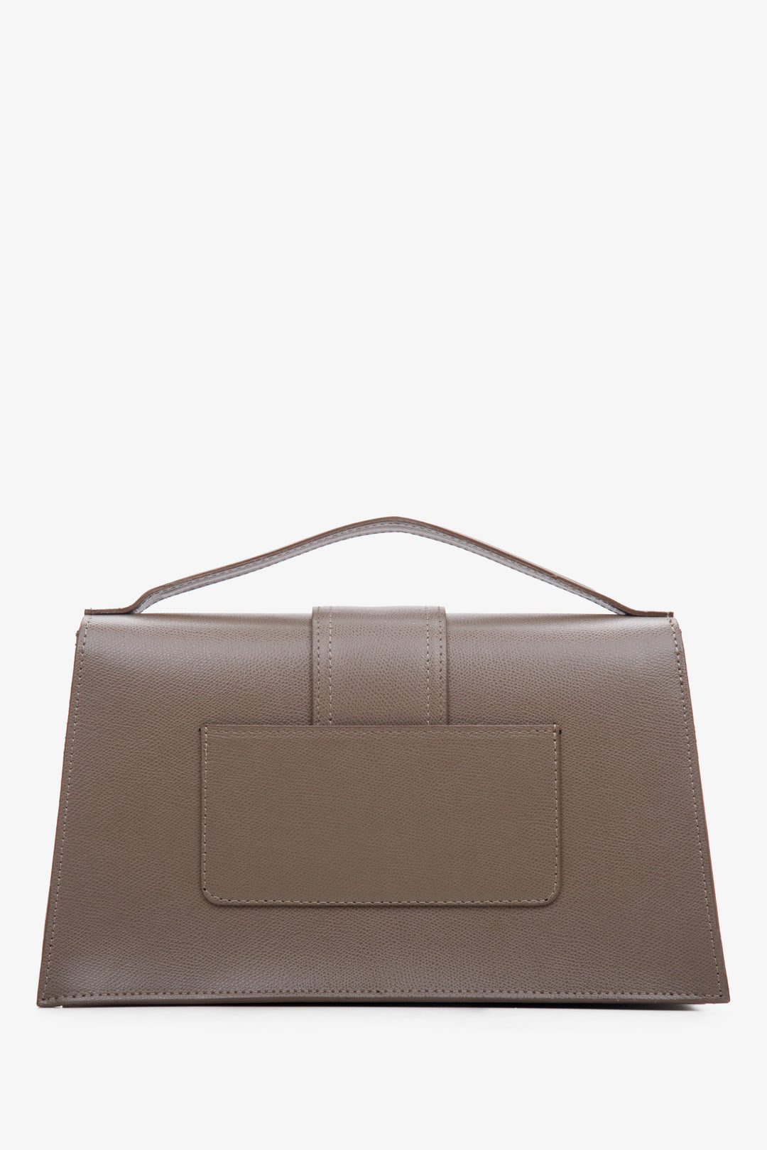 Women's brown leather handbag with a flap by Estro - back view.