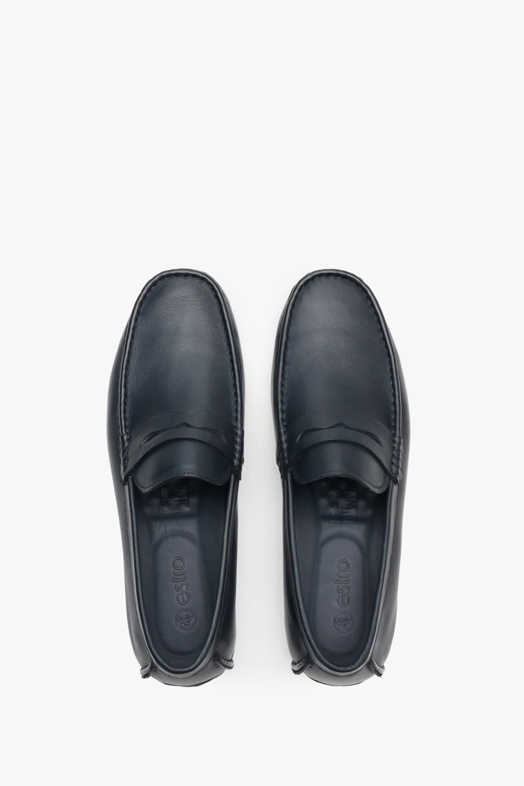 Men's navy blue leather loafers - top view shoe presentation.