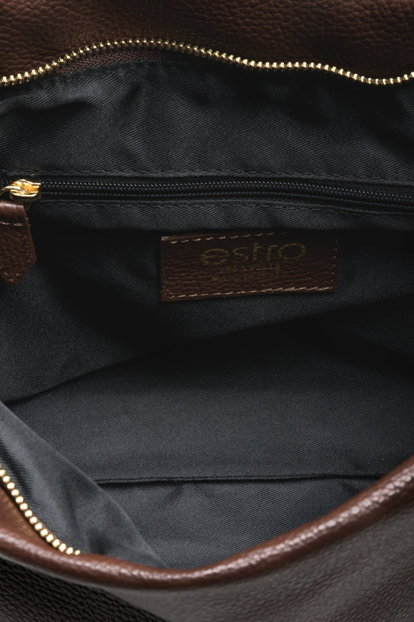 Women's dark brown leather shopper bag by Estro - interior of the model.