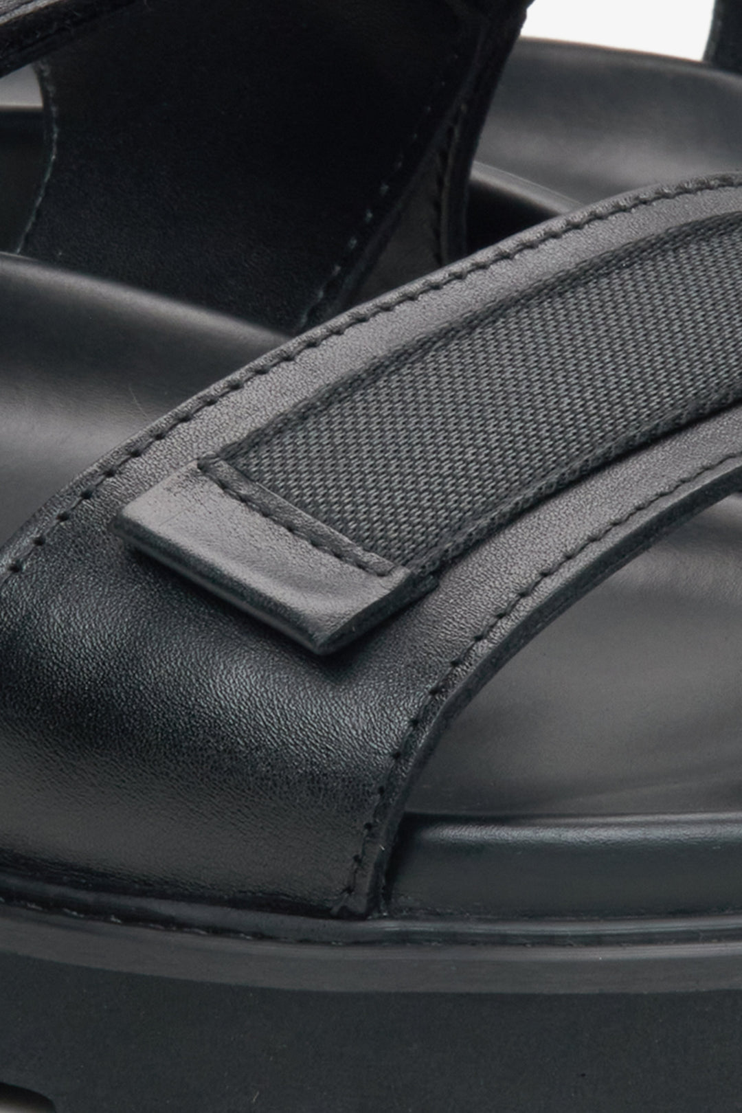 Estro men's black leather sandals - close-up detail.