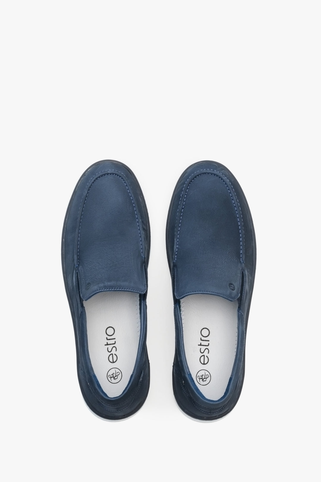 Blue men's Estro loafers for spring - footwear presentation from above.