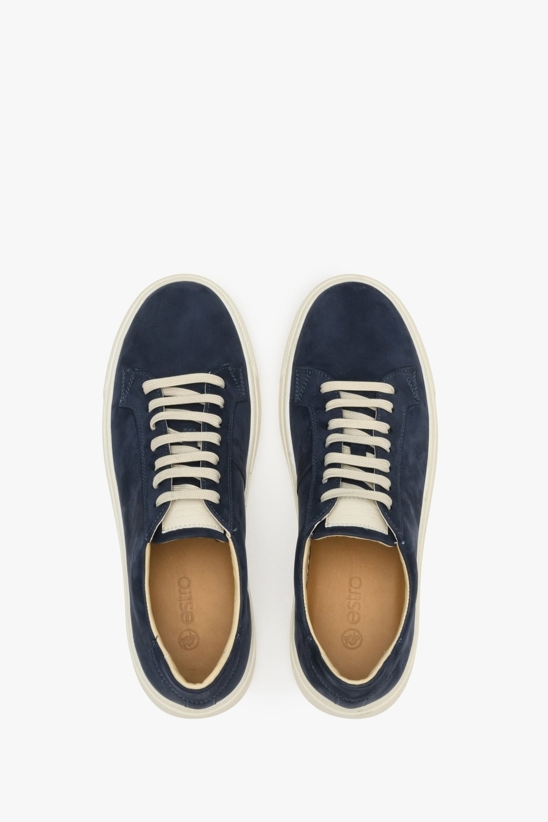 Men's Estro soft, natural nubuck sneakers in navy blue - shoe presentation from above.