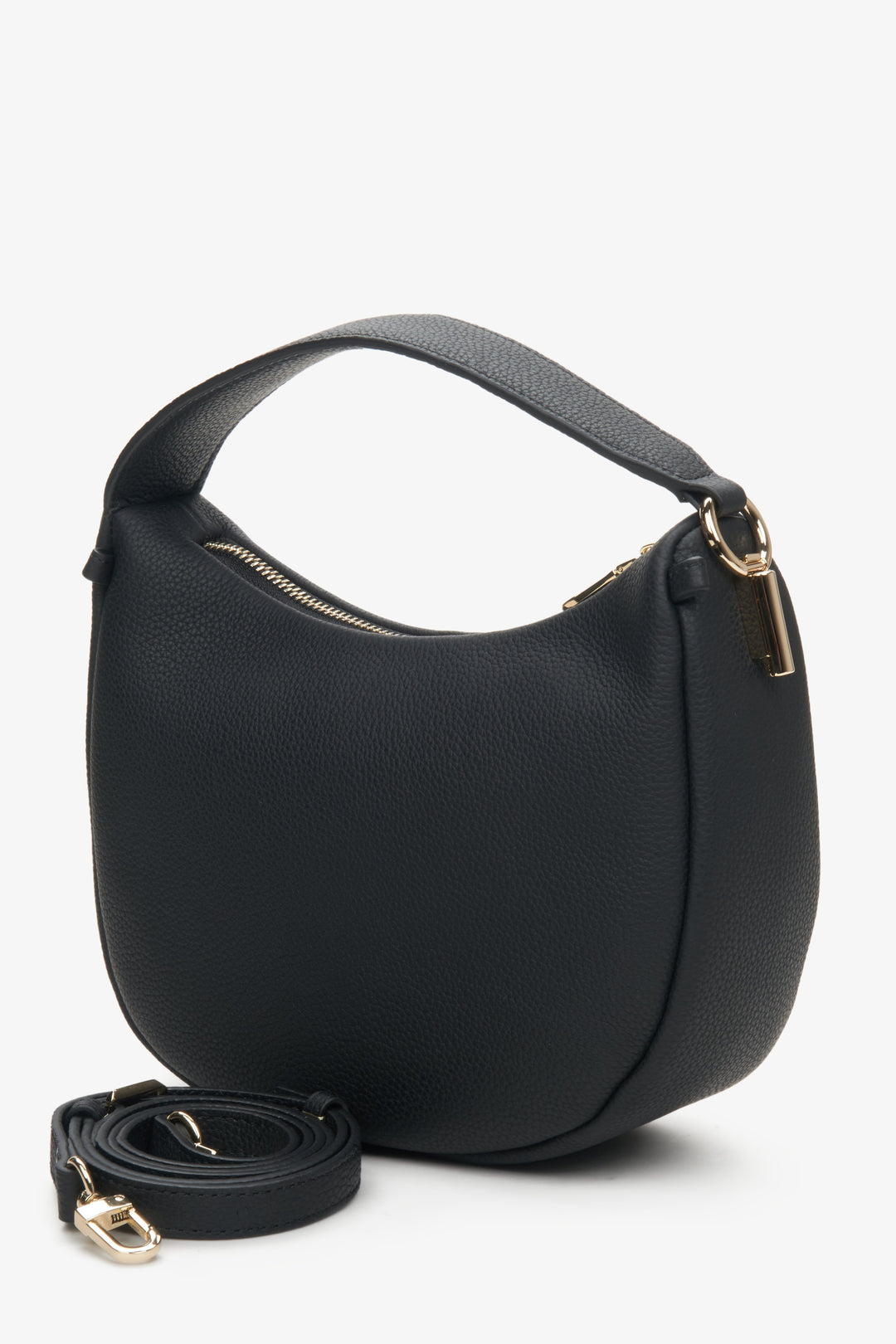 Leather women's crescent-shaped handbag by Estro in black color.