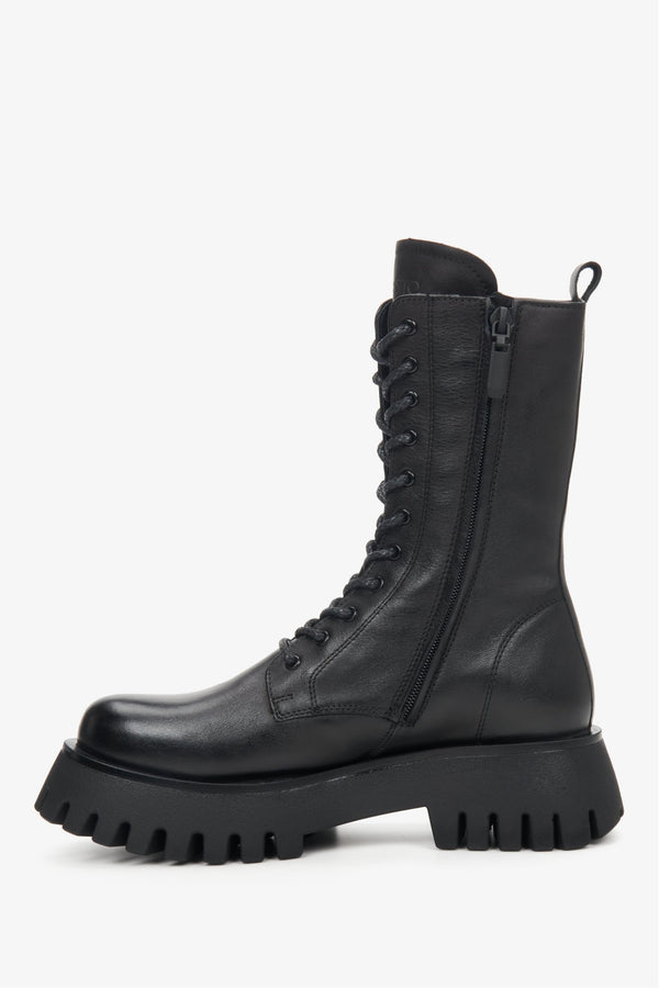 High, black leather women's lace-up boots by Estro - shoe profile.