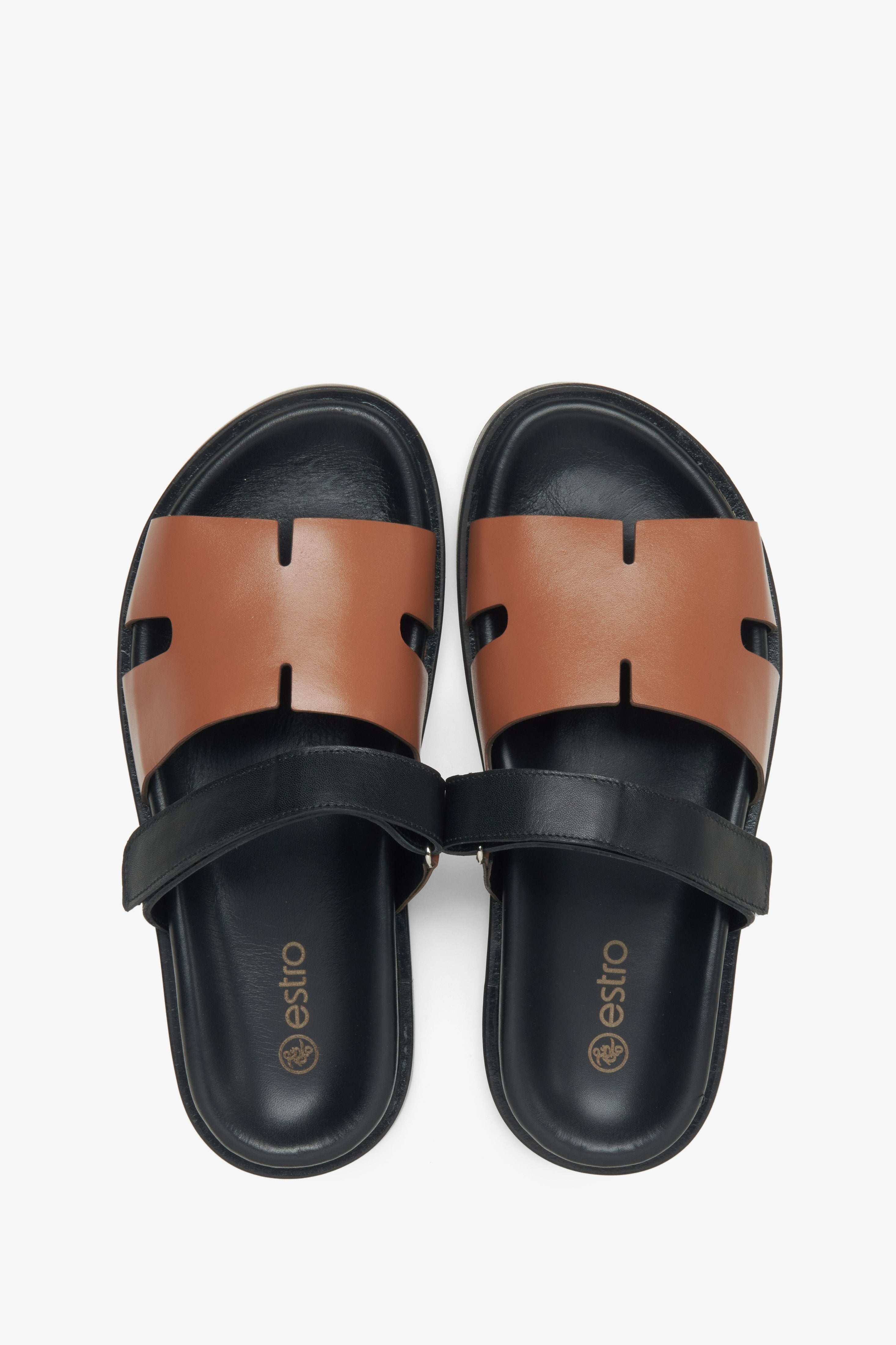 Brown and black slide sandals Estro - presentation form above.