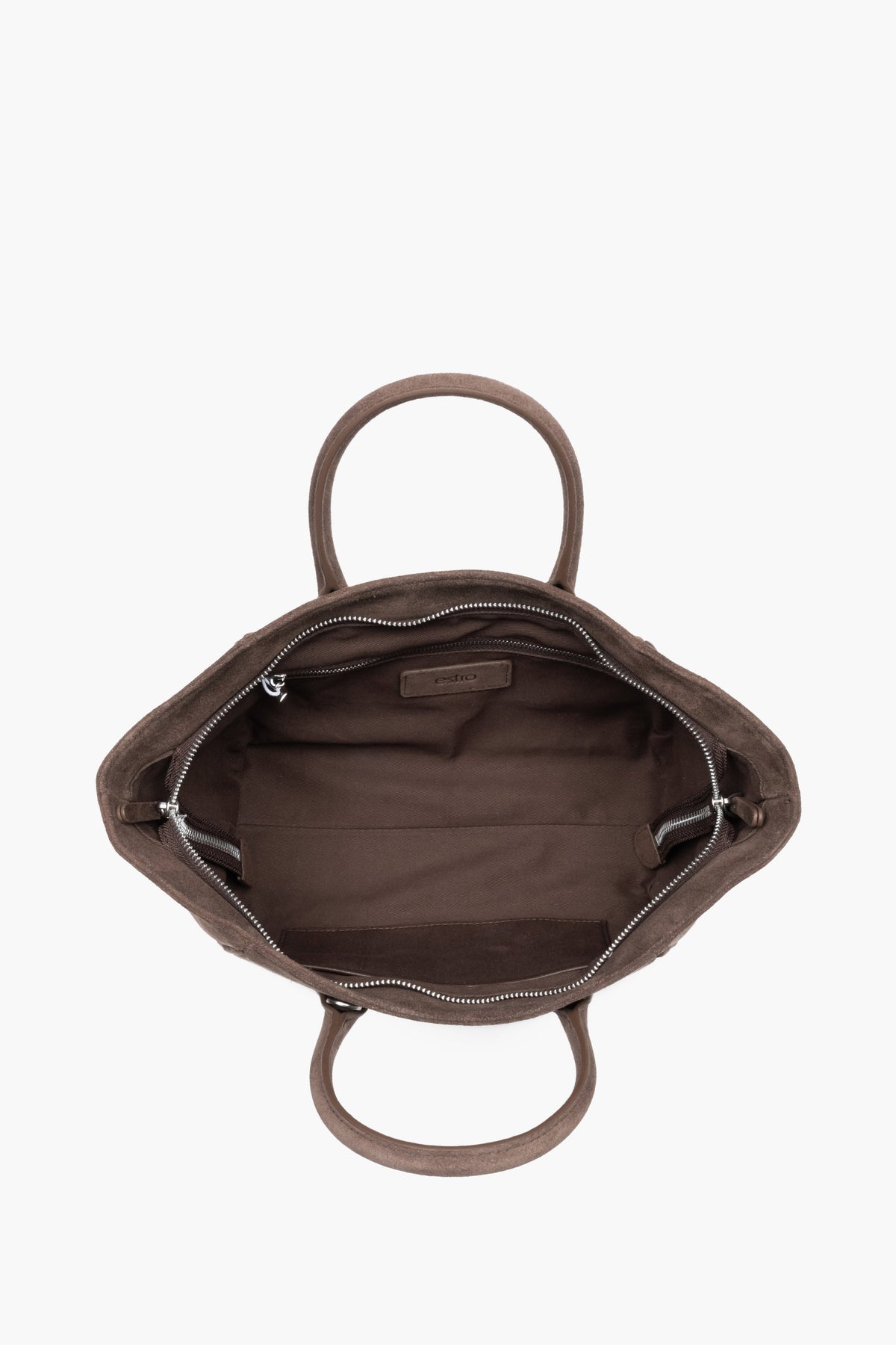 Top view of the open zippered main compartment, showing wide access to the lining and functional internal pockets.