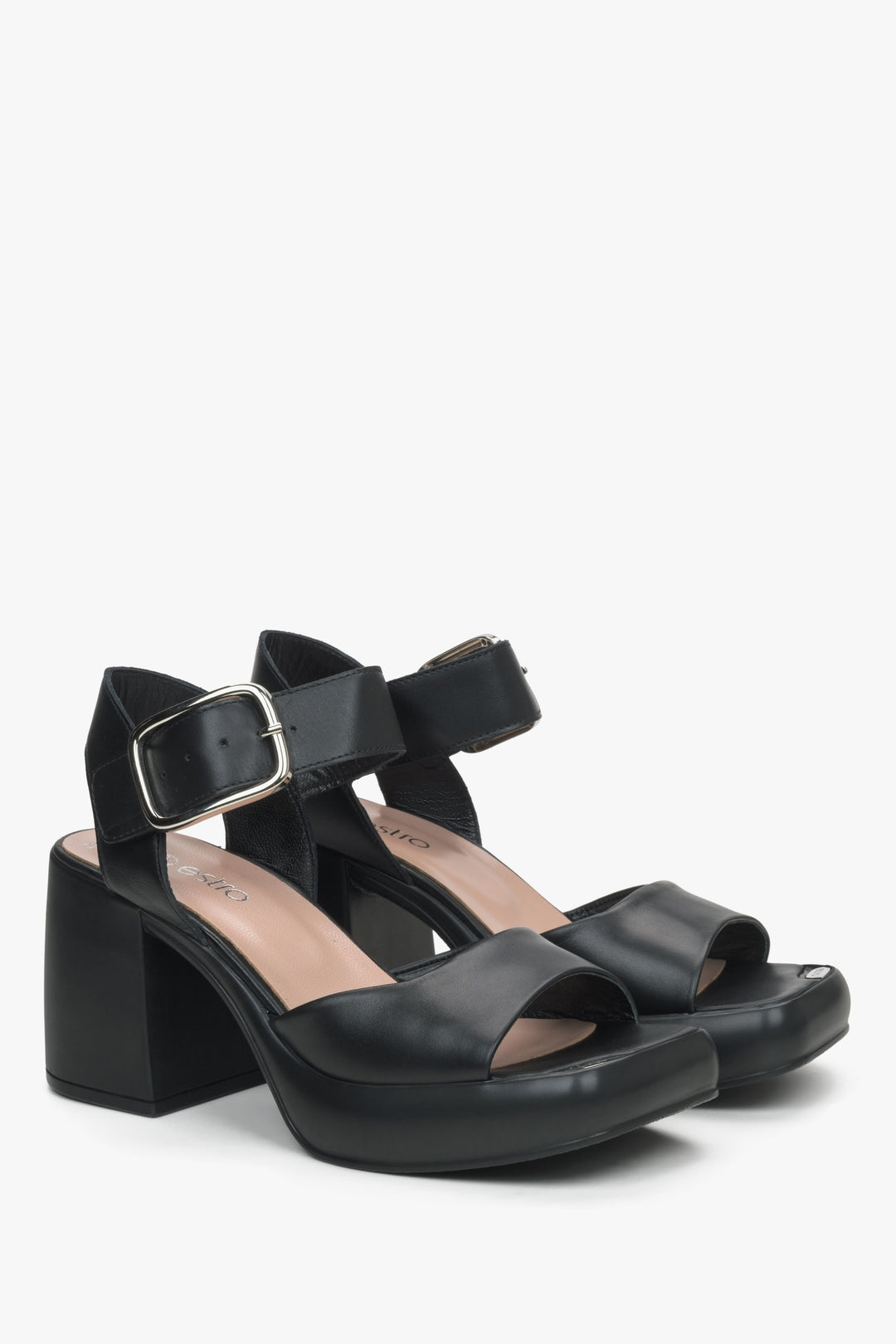 Women's black leather sandals with a block heel by Estro.