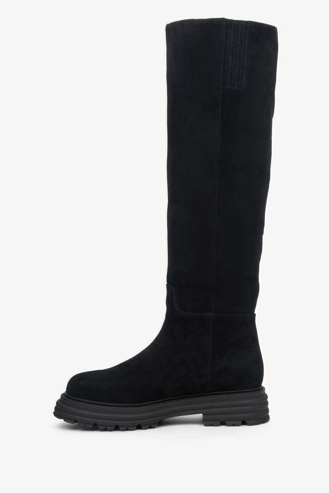 Women's black velour knee-high boots with wide calf - shoe profile.