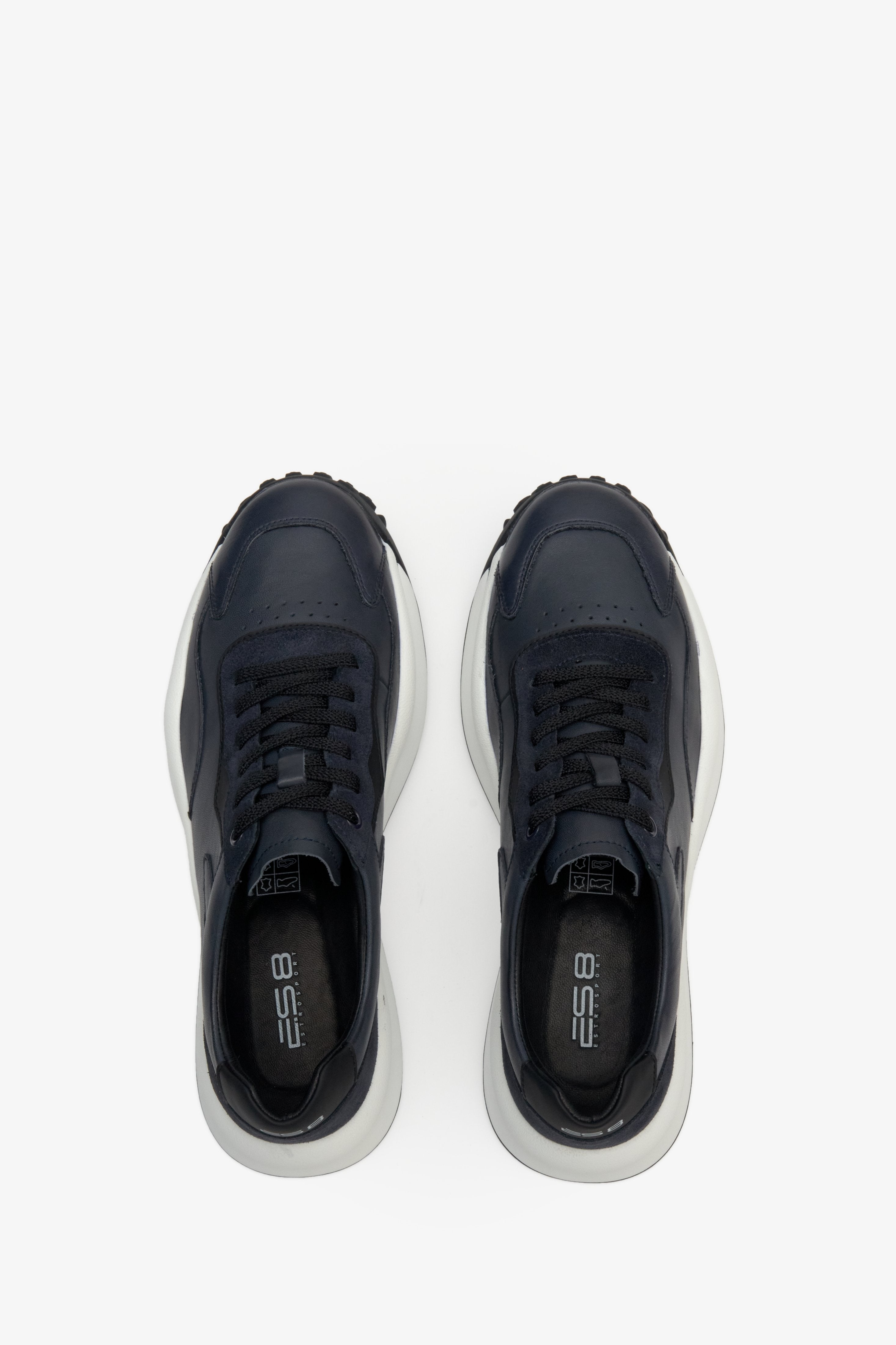 Navy blue sneakers by ES 8 - top view presentation.