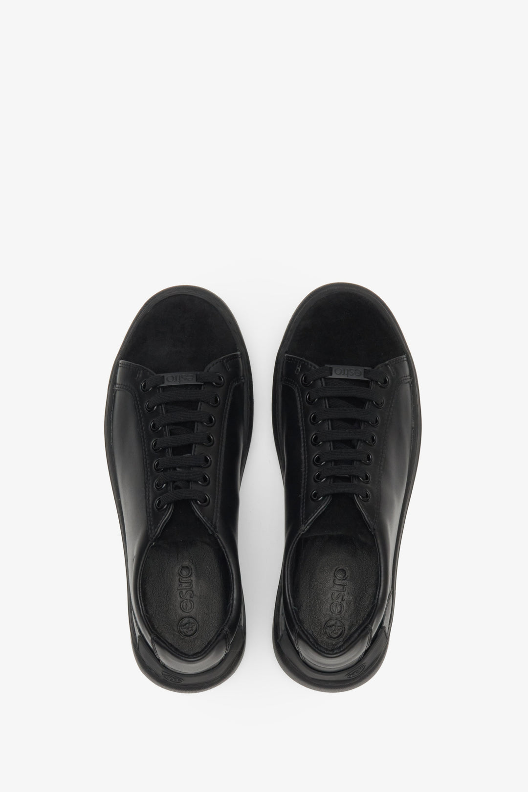 Black leather women's sneakers by Estro - top view presentation of the model.