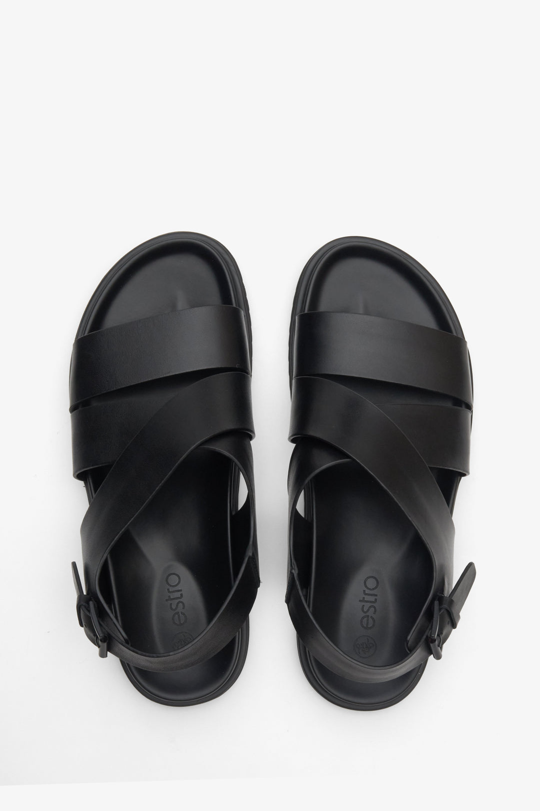 Men's black leather sandals by Estro - top view presentation of the model.