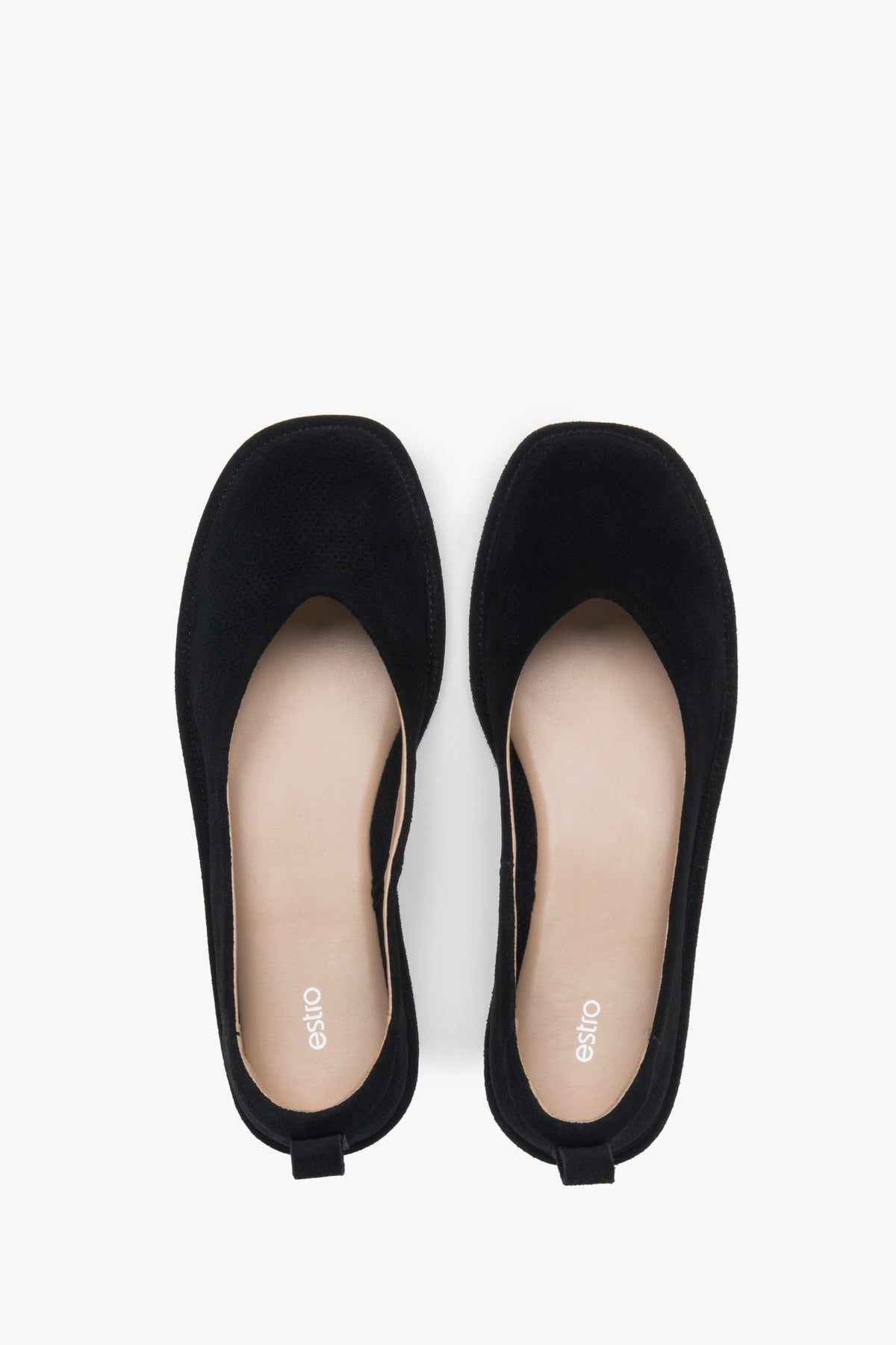 Soft women's ballet flats made of perforated genuine velour in a black shade by Estro – top view presentation.