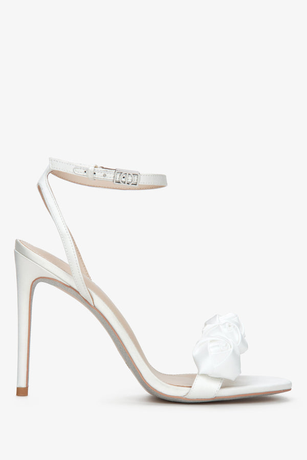 Women's White Stiletto Heels Sandals with Satin Finish and Floral