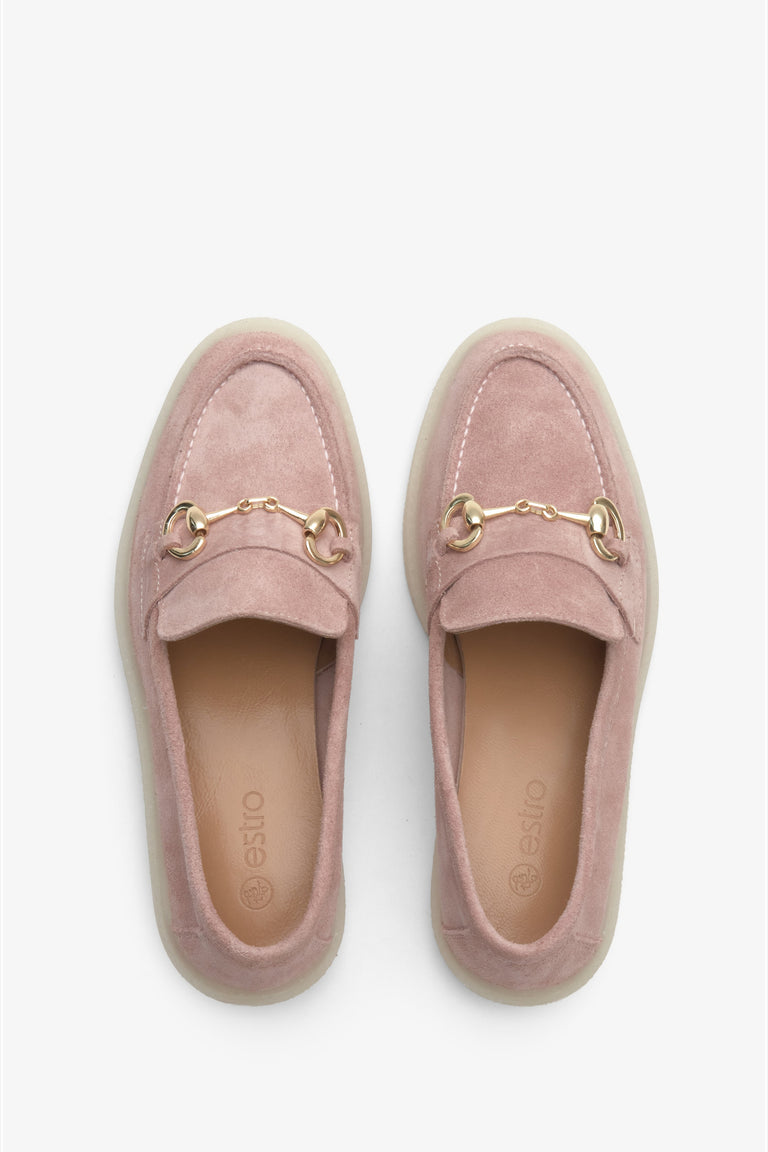 Light pink women's loafers made of velour and leather by Estro